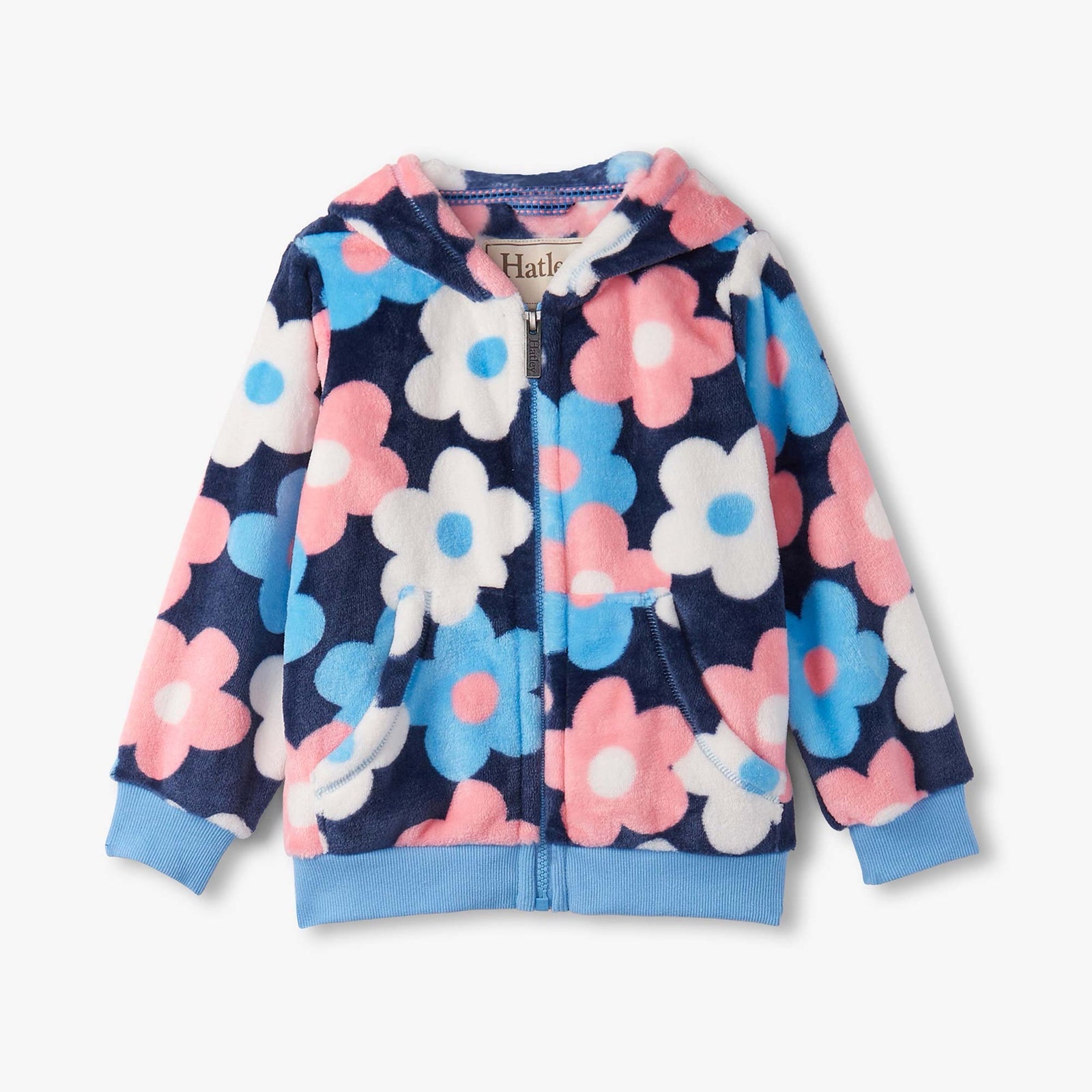 Hatley Big Flowers Full Zip Fuzzy Fleece Clothing 3YRS / Blue,4YRS / Blue,5YRS / Blue,6YRS / Blue,7YRS / Blue,8YRS / Blue,10YRS / Blue,12YRS / Blue