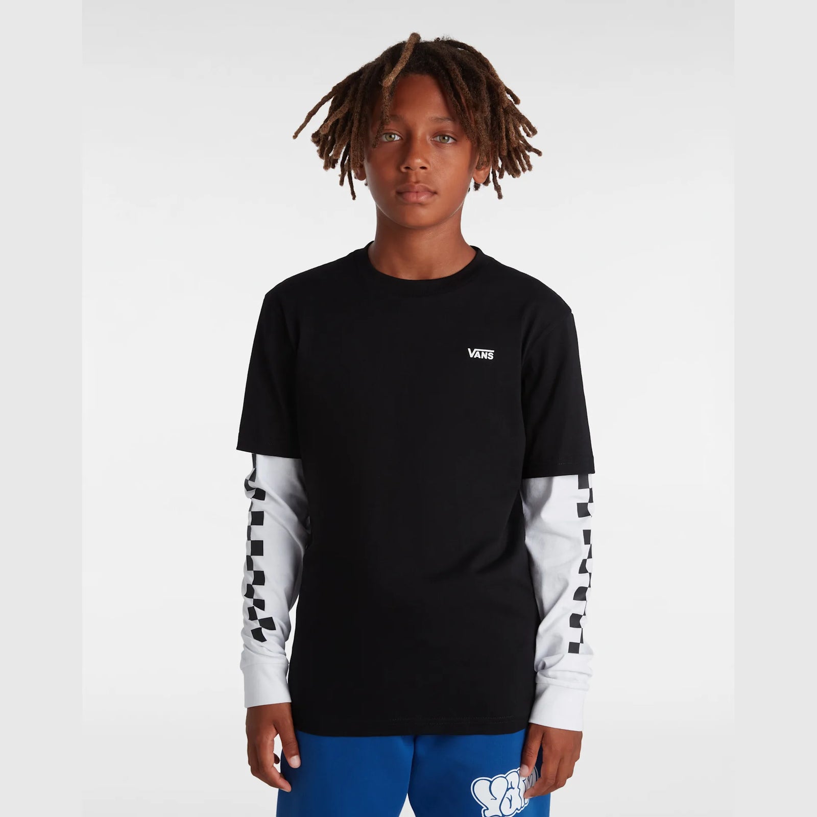 Vans Youth Long Check Twofer T-Shirt Vn0a49oyblk1 Clothing 14-15YRS / Black