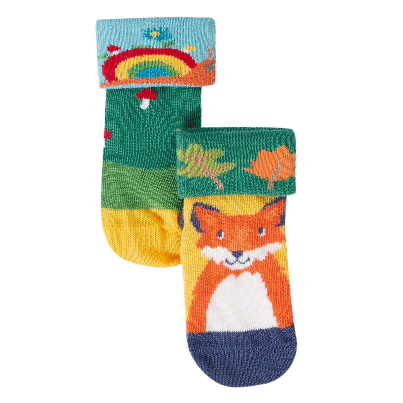 Frugi 2 Pack Fun Fold Over Socks Woodland Pals Clothing 0-6M / Multi,6-12M / Multi,1-2YRS / Multi,UK6-8 / Multi