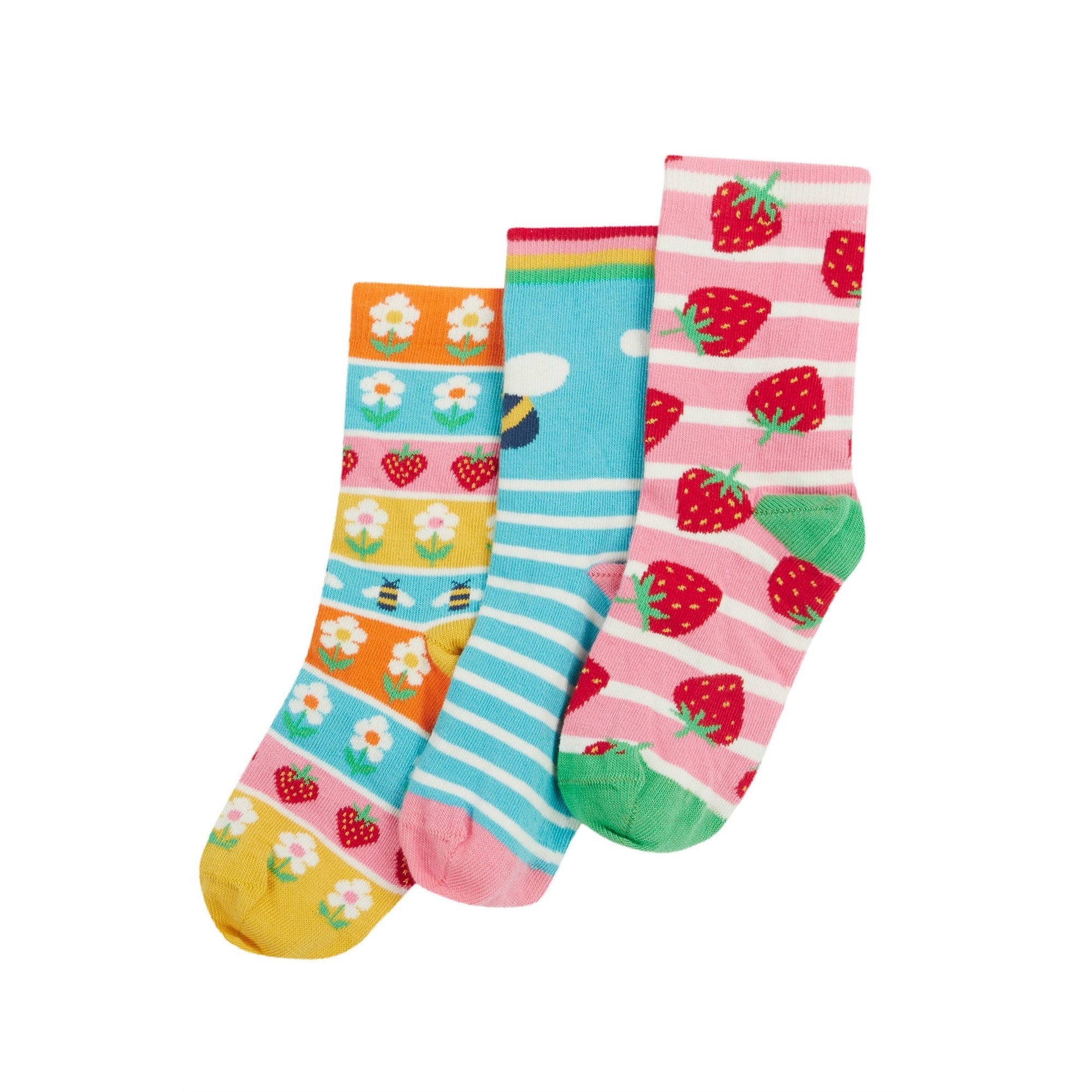 Frugi 3 Pack Socks Strawberry Multipack Clothing UK3-5 ADULT / Multi,UK6-8 / Multi,UK9-12 / Multi,UK13-2 / Multi