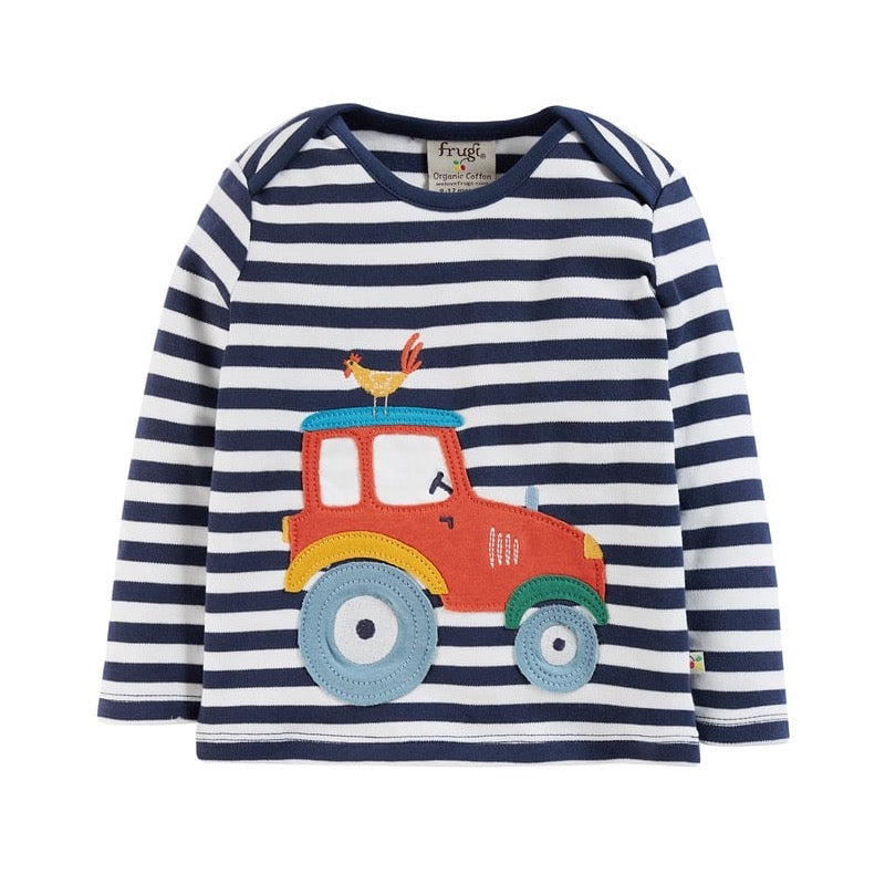 Frugi Bobby Infant T-Shirt Indigo Stripe Tractor Clothing 0-3M / Indigo,3-6M / Indigo,6-9M / Indigo,9-12M / Indigo,12-18M / Indigo