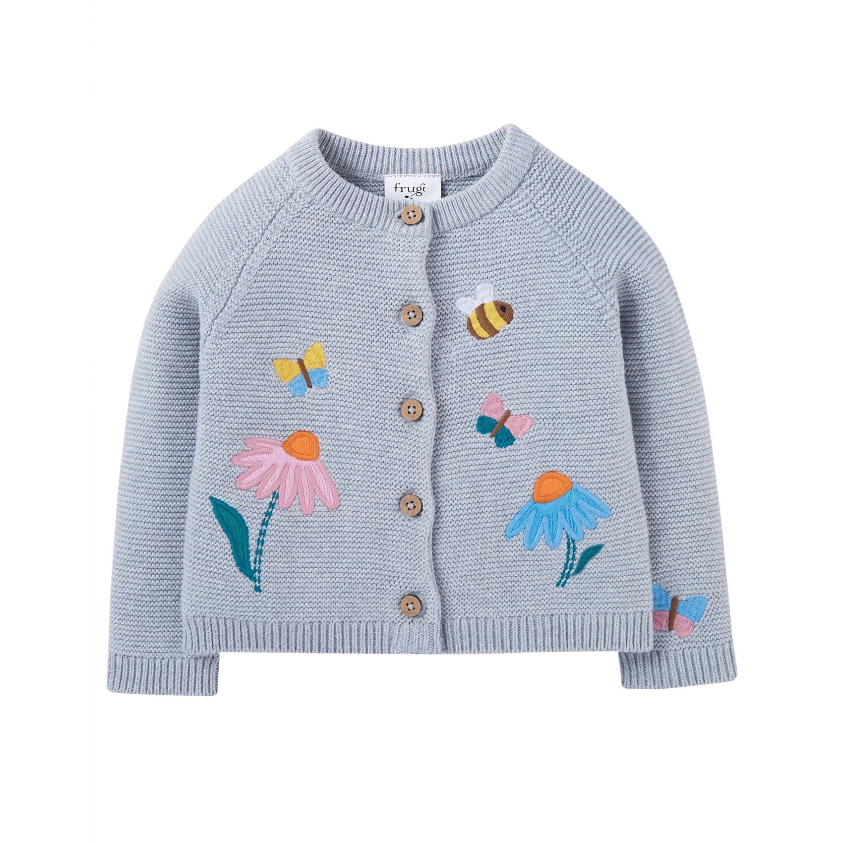 Frugi Colby Infant Cardigan Grey Marl Flowers Clothing 3-6M / Grey,6-9M / Grey,9-12M / Grey,12-18M / Grey,18-24M / Grey,2-3YRS / Grey,3-4YRS / Grey