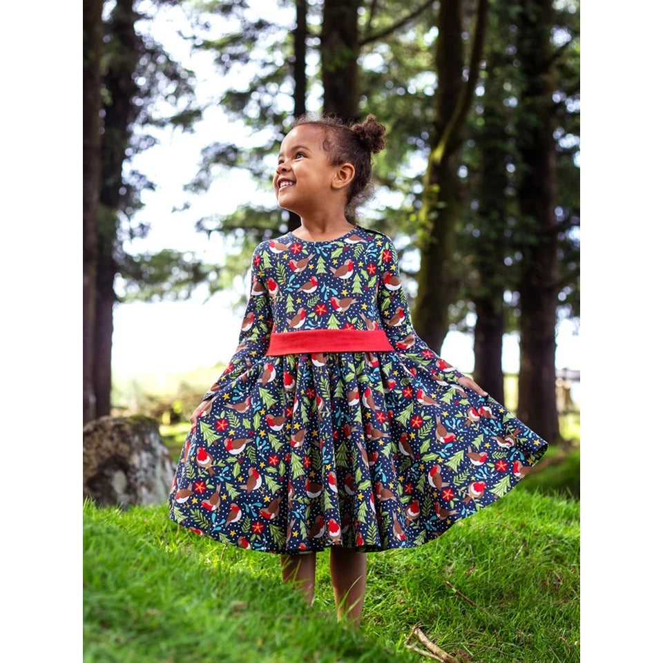 Frugi Party Skater Dress 500057A6ksow Navy Robin Clothing 2-3YRS / Navy,3-4YRS / Navy,4-5YRS / Navy,5-6YRS / Navy,6-7YRS / Navy,7-8YRS / Navy,8-9YRS / Navy,9-10YRS / Navy