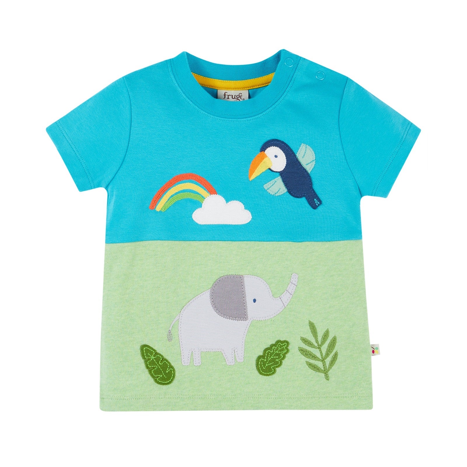 Frugi Penryn Panel Infant T-Shirt Tropical Elephant Clothing 0-3M / Blue,3-6M / Blue,6-12M / Blue,12-18M / Blue,18-24M / Blue,2-3YRS / Blue,3-4YRS / Blue,4-5YRS / Blue