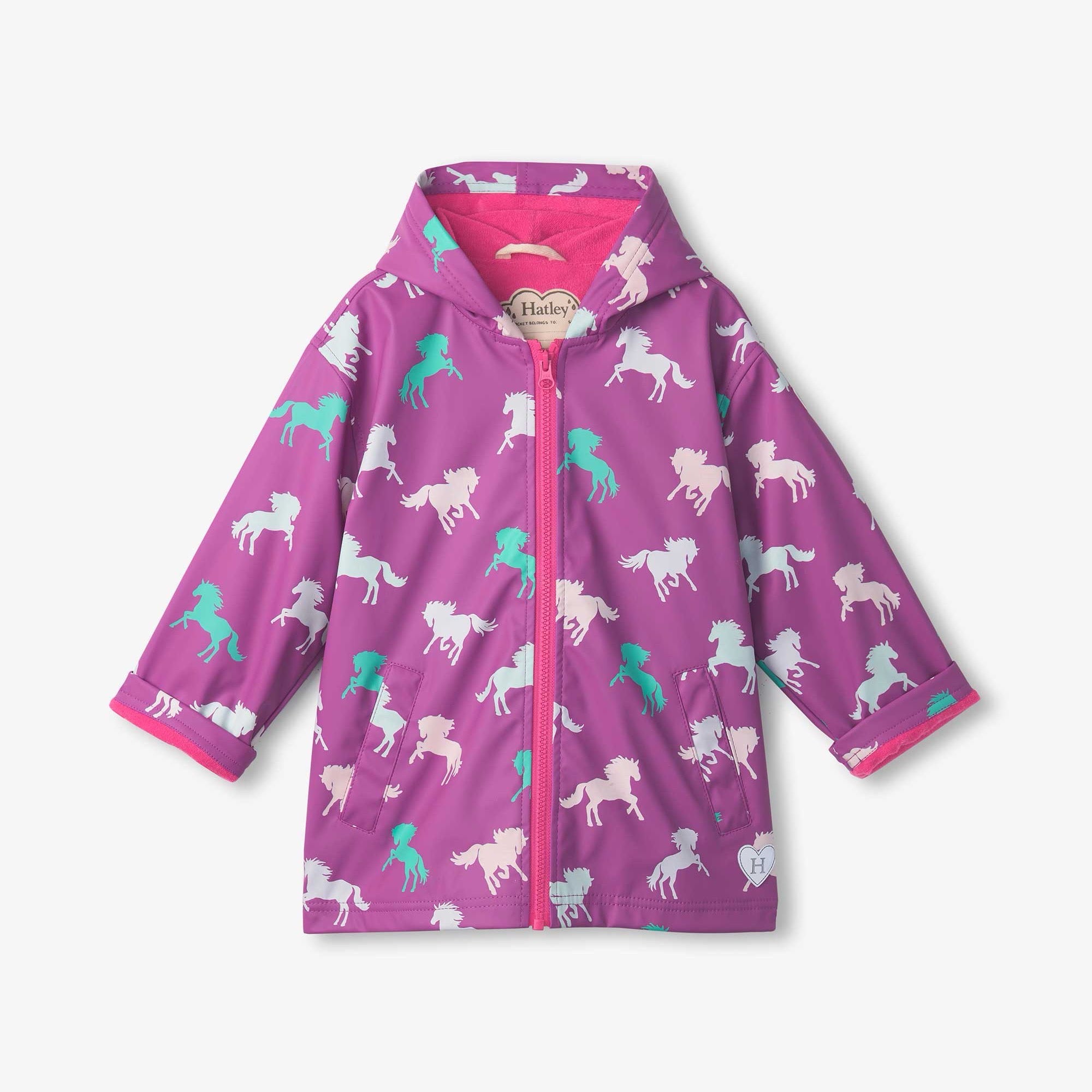 Hatley Leaping Horse Colour Changing Zip Raincoat Clothing 2YRS / Purple,3YRS / Purple,4YRS / Purple,5YRS / Purple,6YRS / Purple,7YRS / Purple,8YRS / Purple,10YRS / Purple