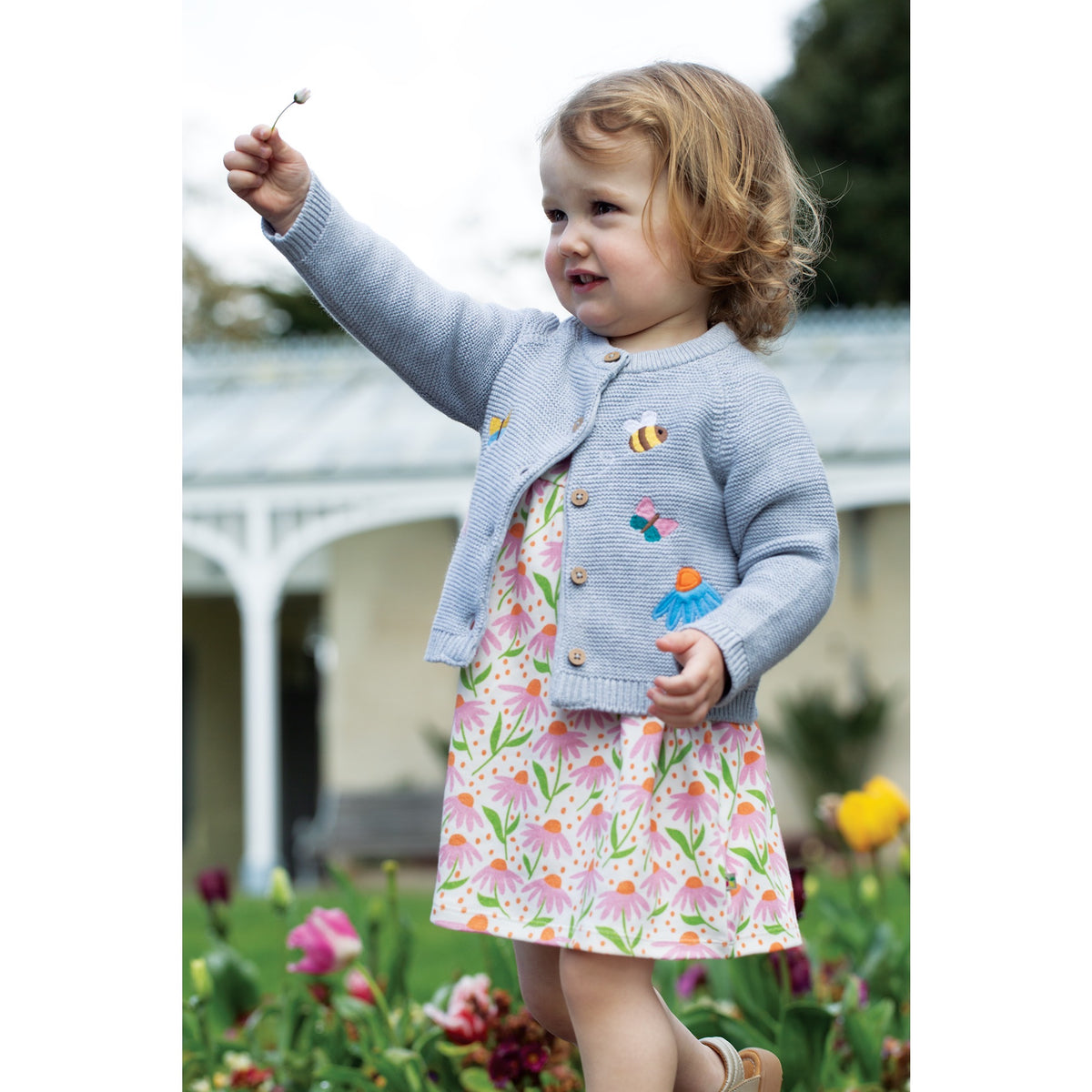 Frugi Colby Infant Cardigan Grey Marl Flowers Clothing 3-6M / Grey,6-9M / Grey,9-12M / Grey,12-18M / Grey,18-24M / Grey,2-3YRS / Grey,3-4YRS / Grey