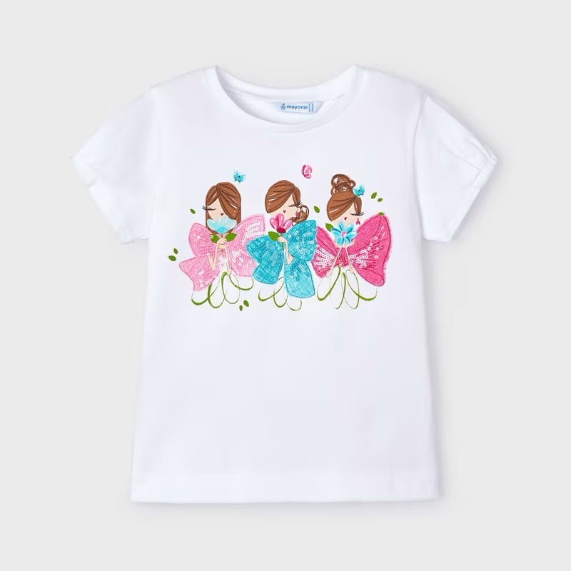 Mayoral Girls T-Shirt 3080 3 Bows Turquoise Pink Clothing 4YRS / White,5YRS / White,6YRS / White,7YRS / White,8YRS / White,9YRS / White