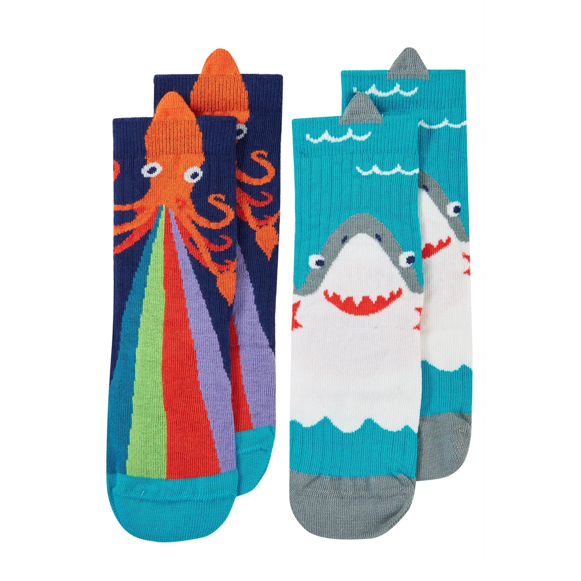 Frugi 2 Pack Character Socks Pn5bk Shark Squid Clothing UK6-8 / Multi,UK9-12 / Multi,UK13-2 / Multi