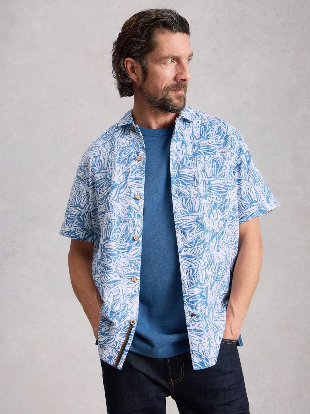 White Stuff Mens Hayle Ss Leaf Print Shirt 445297 Clothing M / Blue,L / Blue,XL / Blue,XXL / Blue,XXXL / Blue