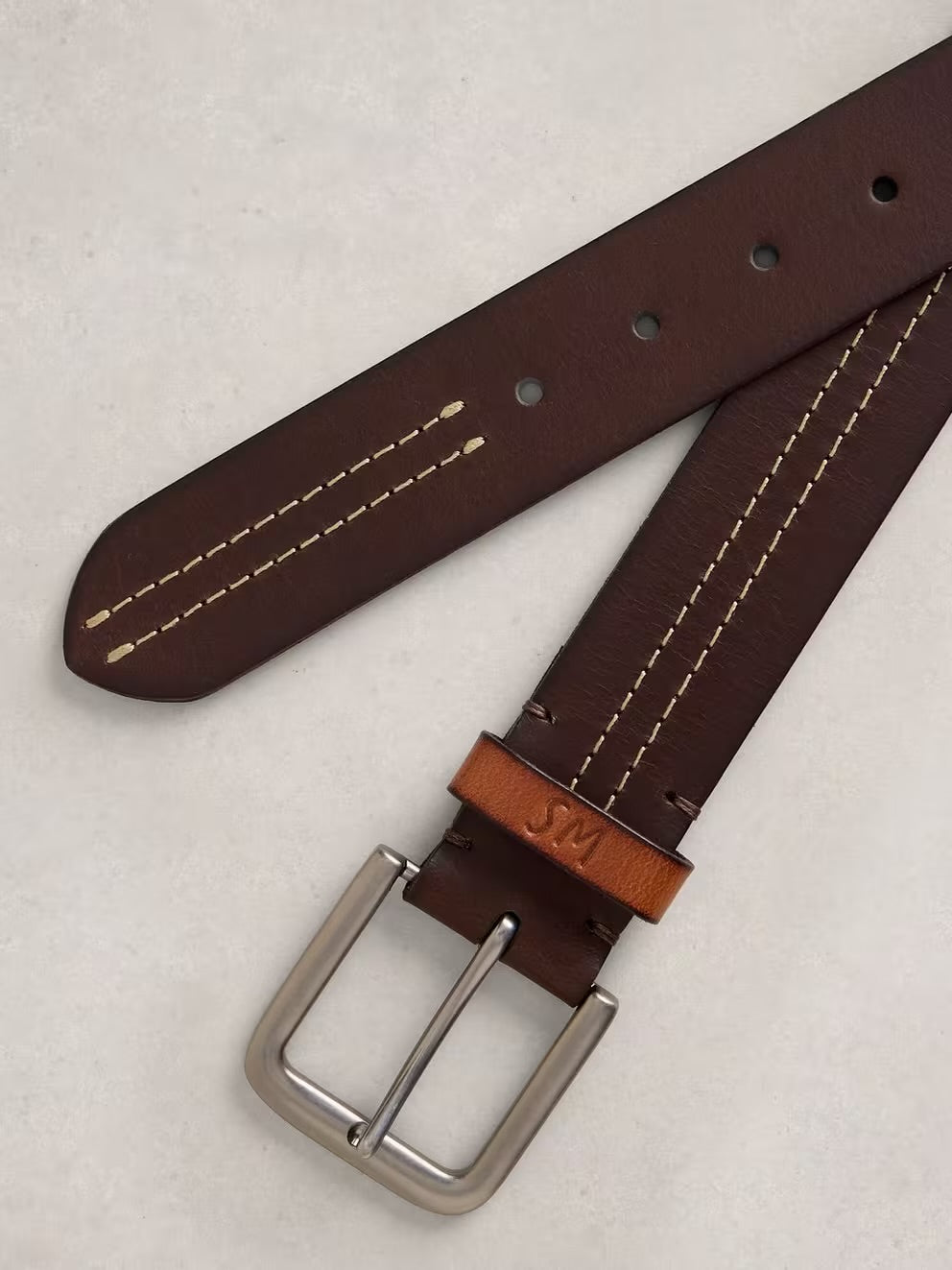 White Stuff Mens Double Stitch Leather Belt 445106 Dark Brown Accessories S-M / Brown,M-L / Brown