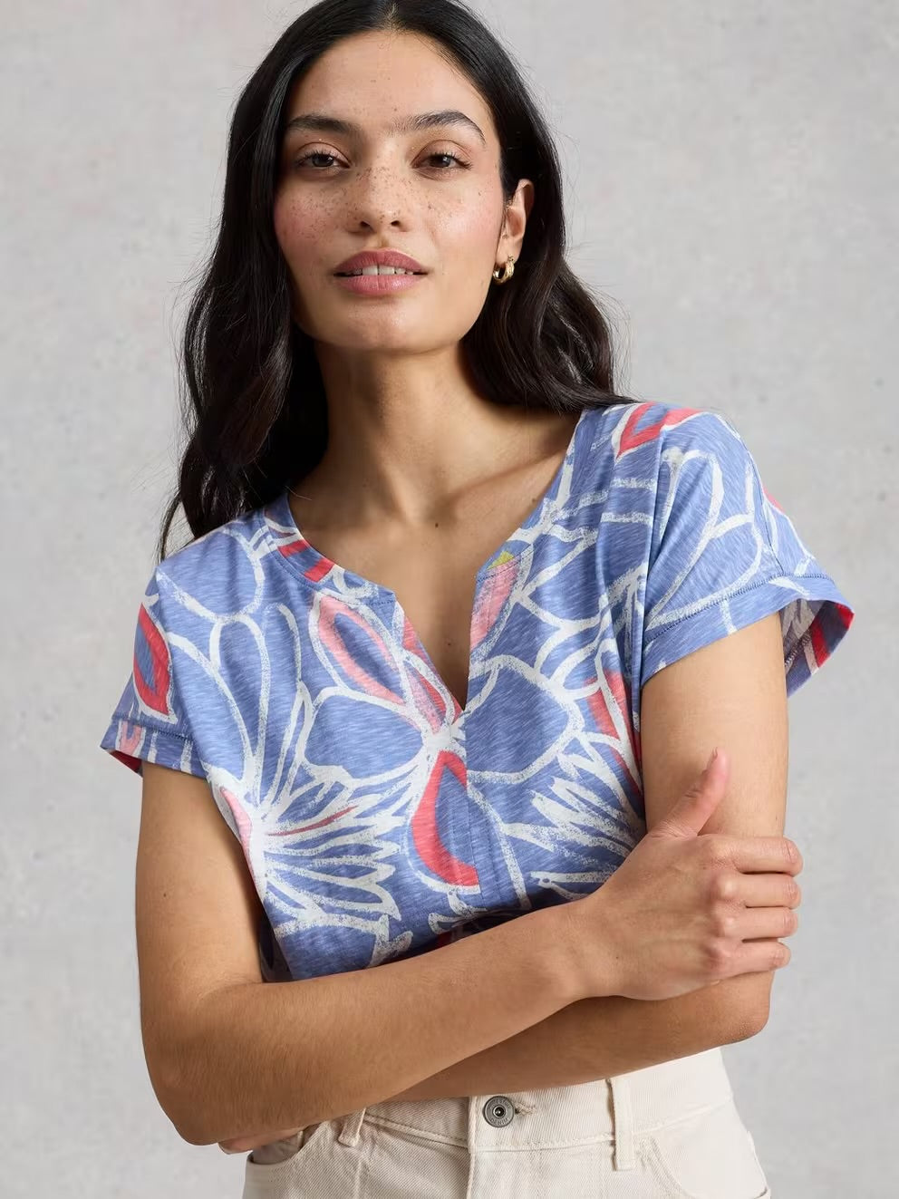 White Stuff Womens Nelly Notch T-Shirt 446179 Teal Blue Print Clothing UK8 / Multi,UK10 / Multi,UK12 / Multi,UK14 / Multi,UK16 / Multi,UK18 / Multi