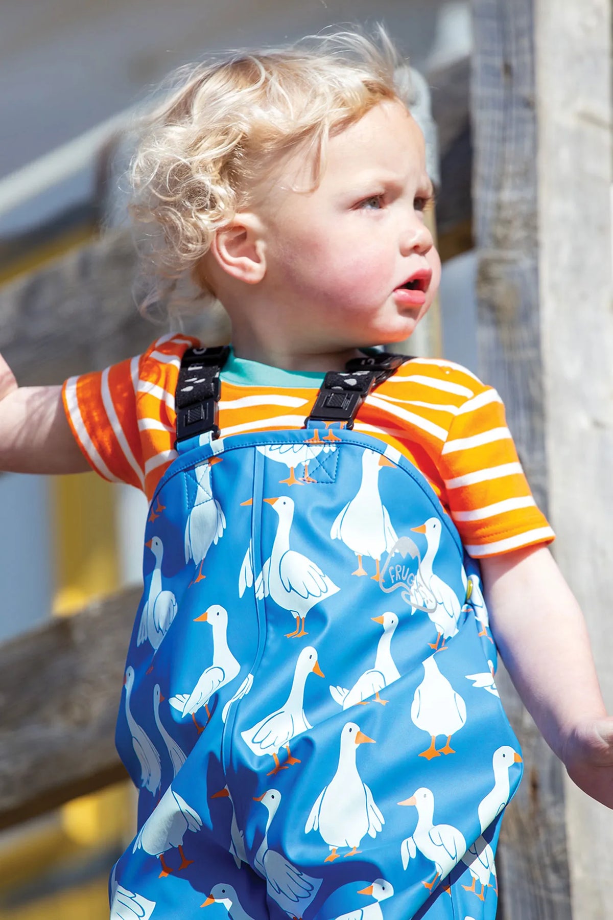 Frugi Puddlebuster Printed Dungareescobalt Goose Clothing 2-3YRS / Blue,3-4YRS / Blue,4-5YRS / Blue,5-6YRS / Blue,6-7YRS / Blue,1-2 YRS / Blue