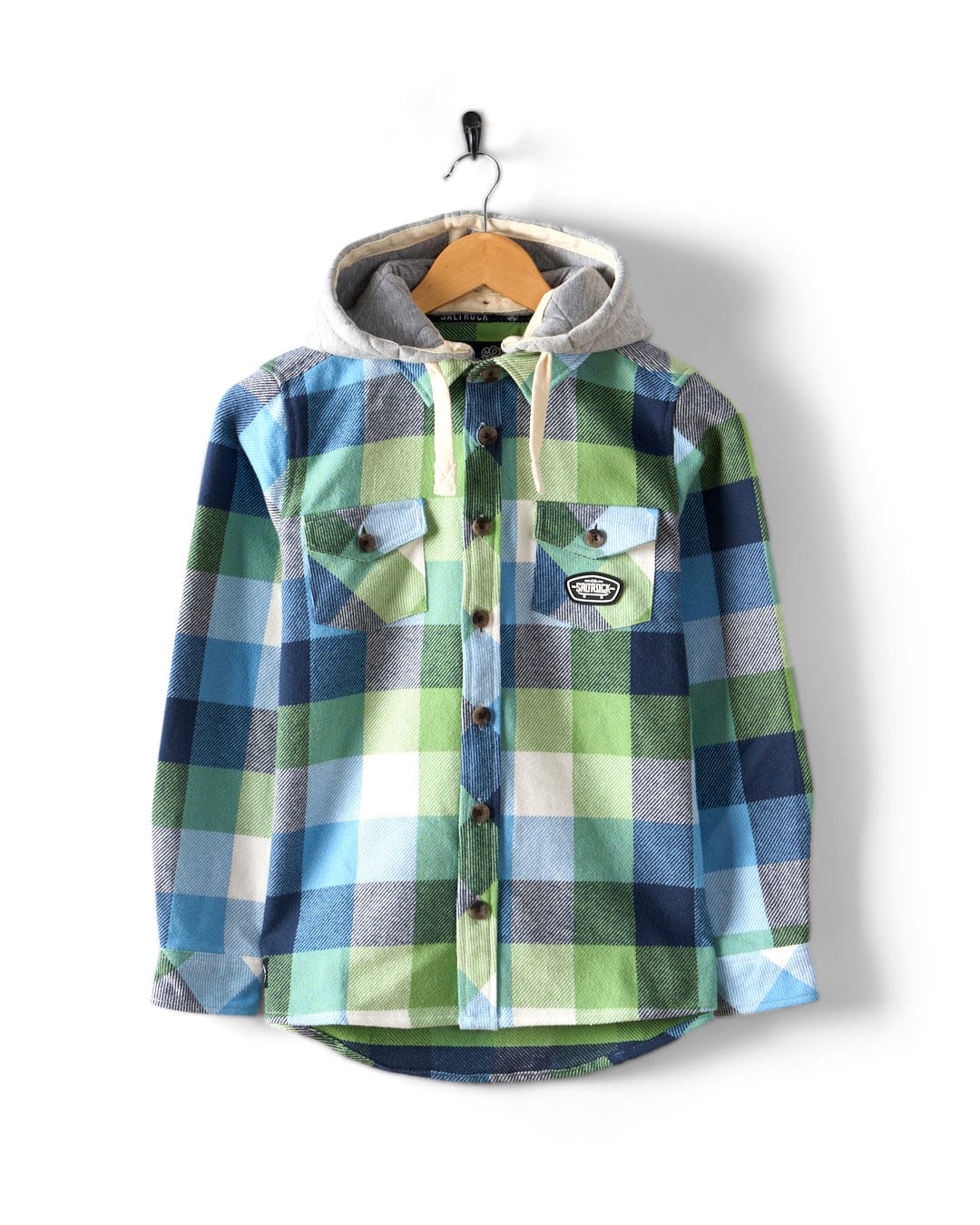 Saltrock Boys Hawkins Hooded Shirt Blue Green Check Clothing 9/10YRS / Green,11/12YRS / Green,13YRS / Green