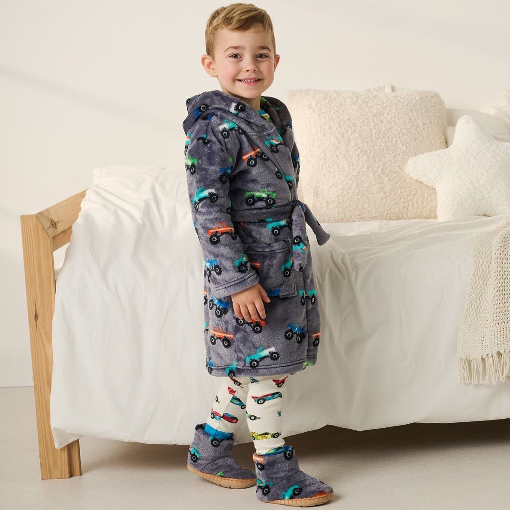 Hatley Monster Trucks Dressing Gown F24mtk225 Clothing 2-3YRS / Grey,4-5YRS / Grey,6-7YRS / Grey,8-9YRS / Grey