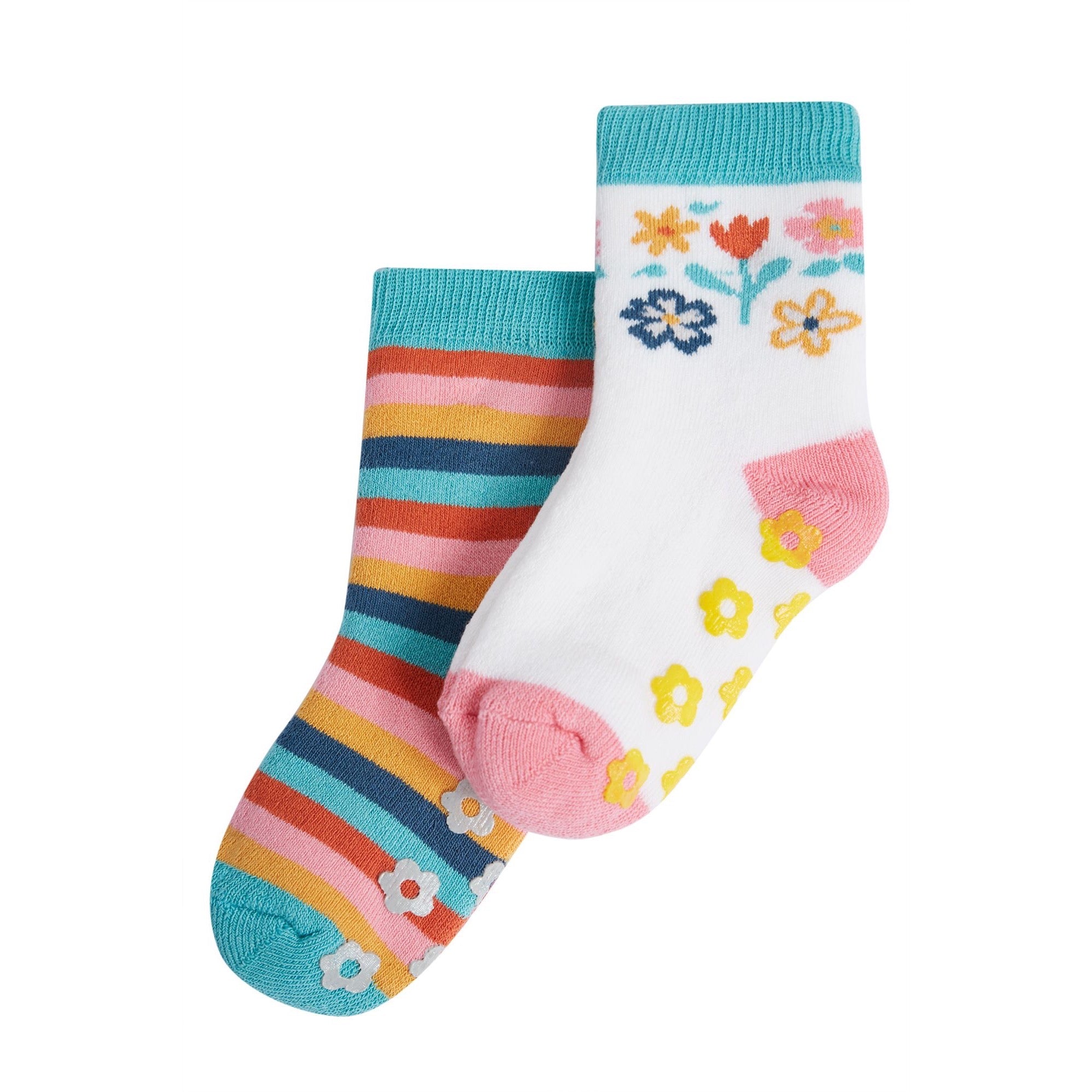 Frugi 2 Pack Grippy Socks Floral Stripe Clothing 0-6M / Multi,6-12M / Multi,1-2YRS / Multi,UK6-8 / Multi