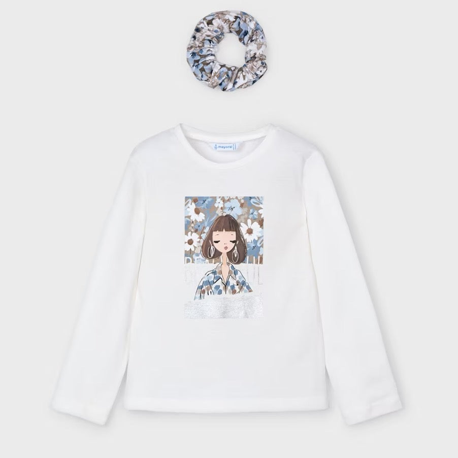 Mayoral Girls T-Shirt And Scrunchie Set 4069 Cream Sky Blue Clothing 4YRS / Cream,5YRS / Cream,6YRS / Cream,7YRS / Cream,8YRS / Cream,9YRS / Cream