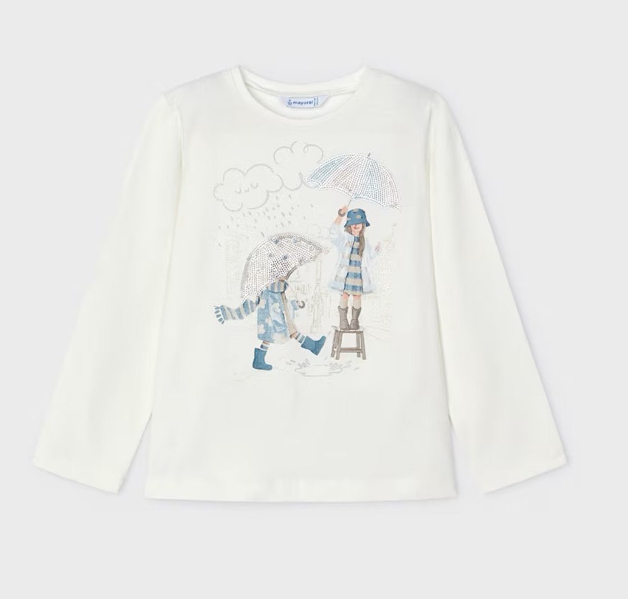 Mayoral Girls In The Rain T-Shirt 4067 Sky Blue Clothing 4YRS / Cream,5YRS / Cream,6YRS / Cream,7YRS / Cream,8YRS / Cream,9YRS / Cream