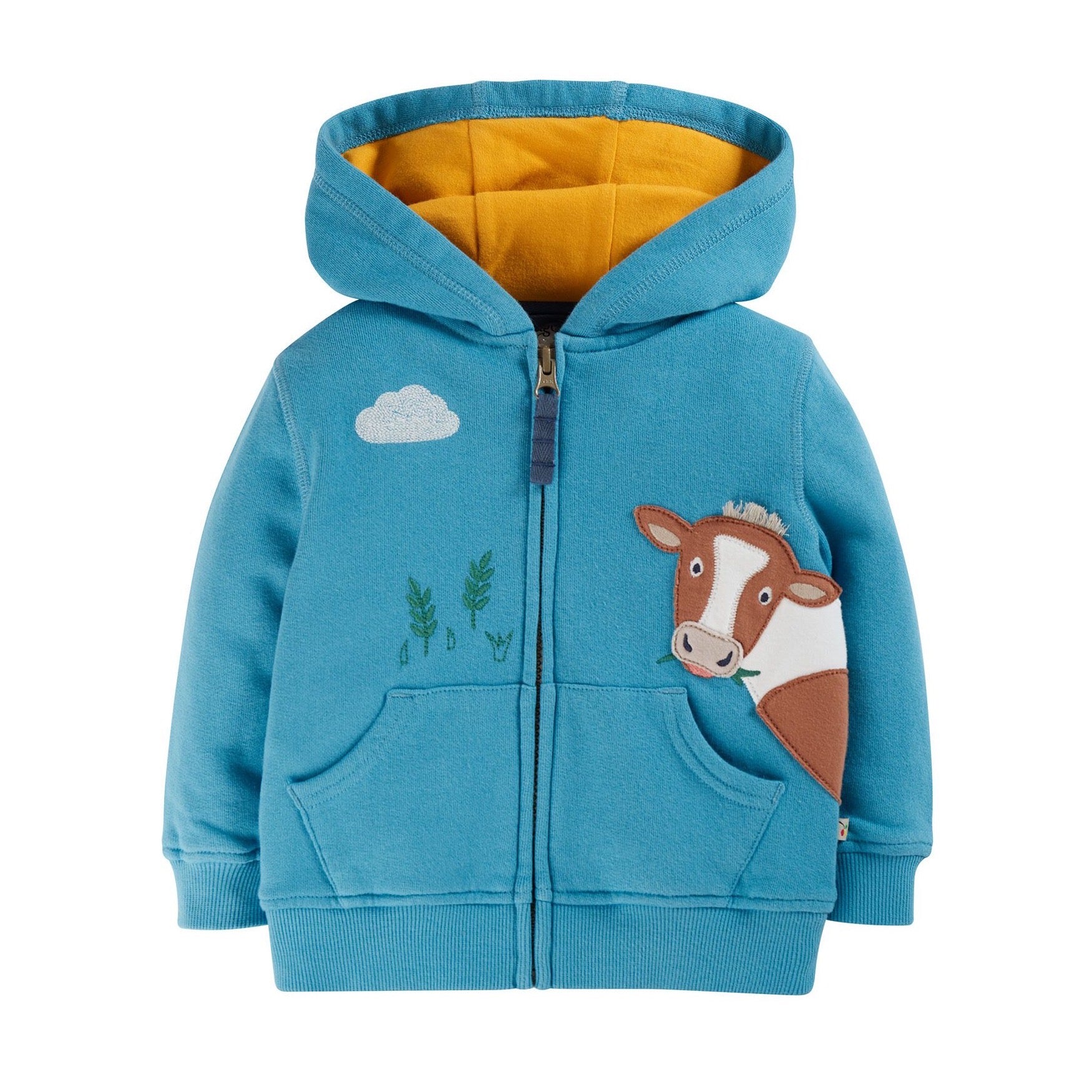 Frugi Carbis Infant Hoodie Blue Cow Clothing 3-6M / Blue,6-9M / Blue,9-12M / Blue,12-18M / Blue,18-24M / Blue,2-3YRS / Blue,3-4YRS / Blue