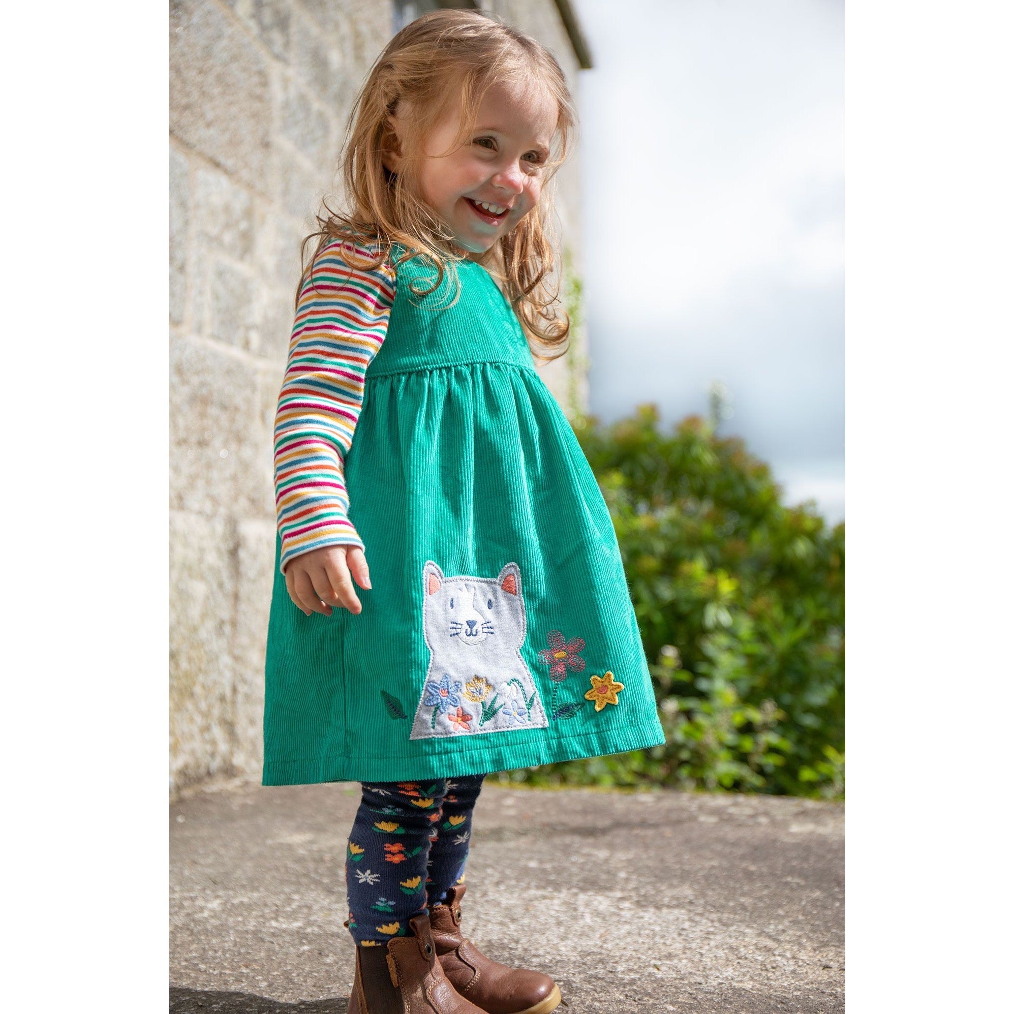 Frugi Lily Cord Infant Dress Iguana Cat Clothing 12-18M / Green,18-24M / Green,2-3YRS / Green,3-4YRS / Green,4-5YRS / Green