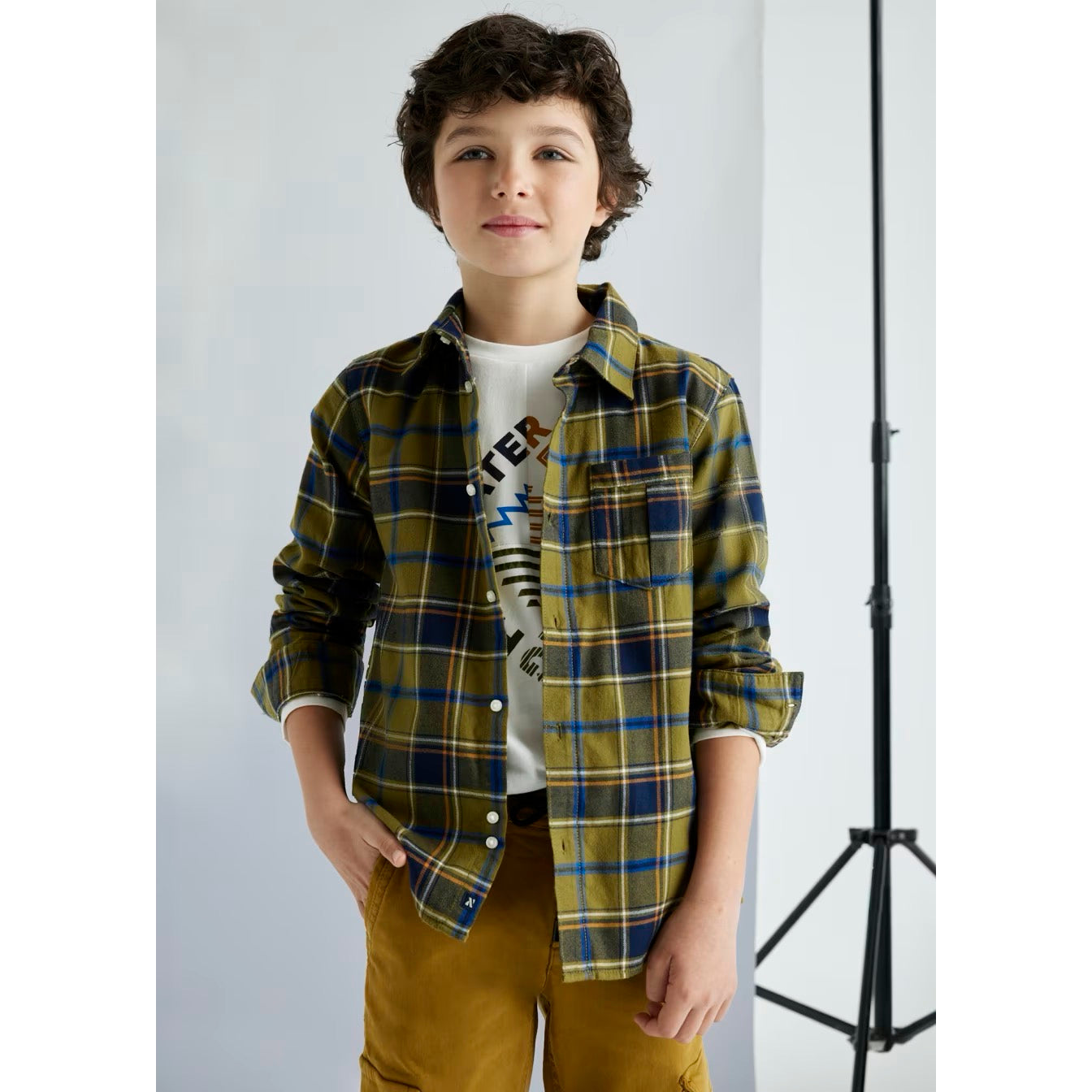 Mayoral Older Boys Khaki Checked Shirt 7111 Clothing 10YRS / Khaki,12YRS / Khaki,14YRS / Khaki,16YRS / Khaki