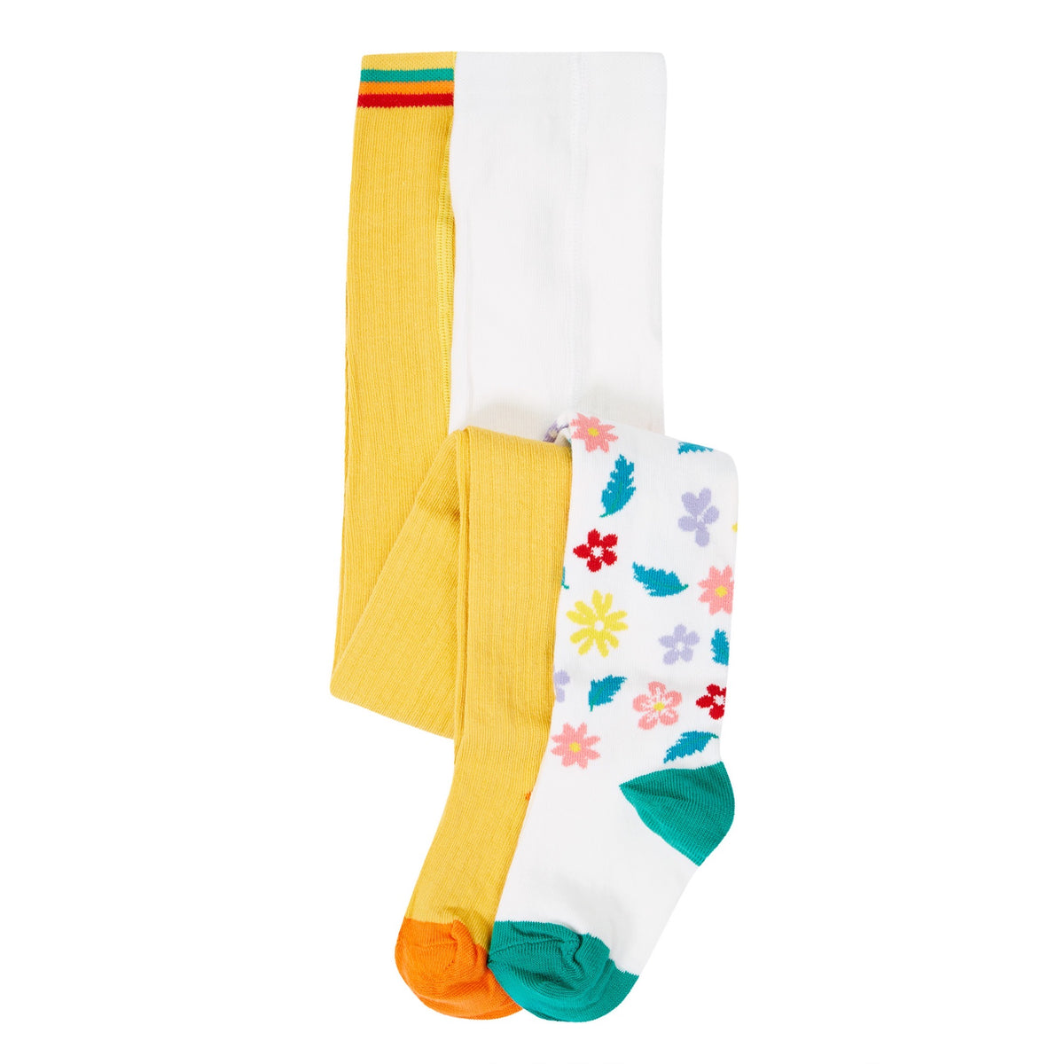 Frugi 2 Pack Infant Tights 500067A5bbfl Yellow Stripe Flowers Clothing 0-6M / Multi,6-12M / Multi,1-2YRS / Multi,2-4YRS / Multi