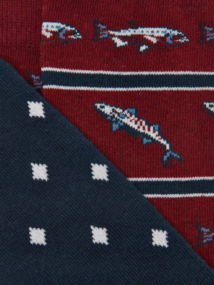 Joules Mens Kingsbury 2 Pack Socks Y42-504 Burgundy Fish Clothing ONE SIZE / Burgundy