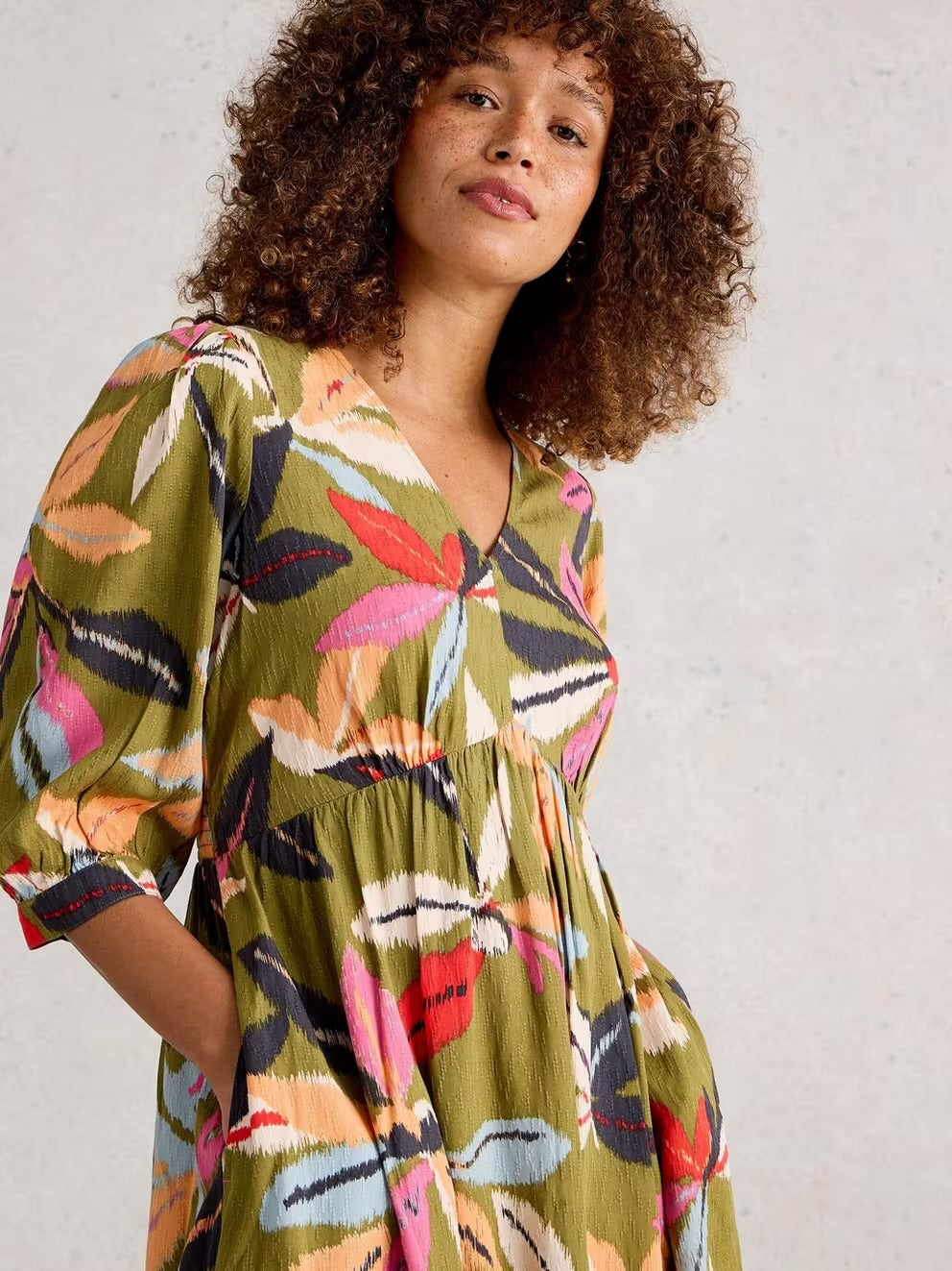 White Stuff Womens Lucy Midi Dress 444378 Khaki Multi Clothing UK8 / Multi,UK10 / Multi,UK12 / Multi,UK14 / Multi,UK16 / Multi