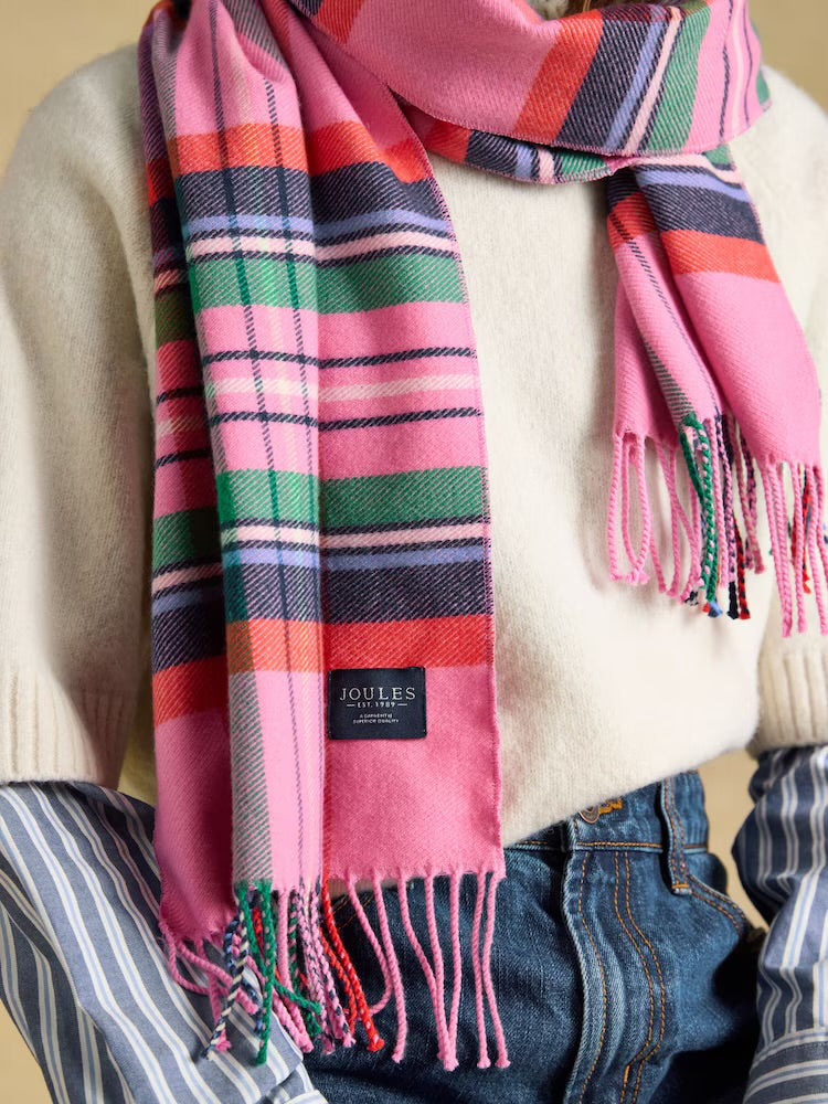 Joules Womens Langtree Scarf Y31156 Pink Green Check Clothing ONE SIZE / Pink