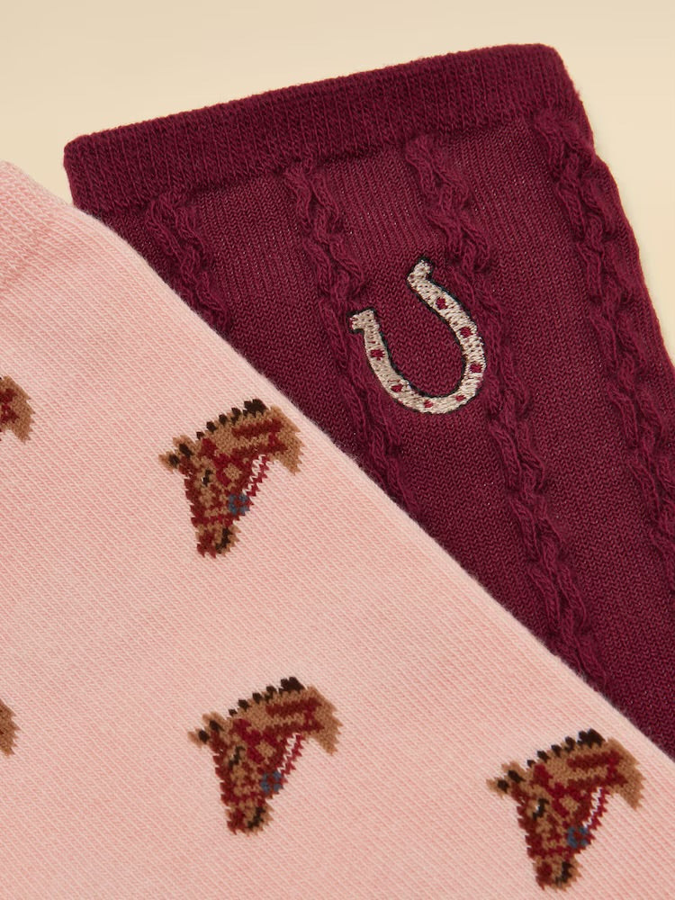 Joules Womens 2 Pack Everyday Socks G90775 Pink Berry Horse Clothing ONE SIZE / Berry