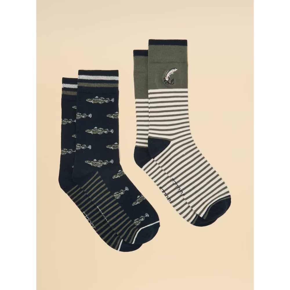 Joules Mens Kingsbury 2 Pack Socksg13-694 Khaki Fish Clothing ONE SIZE / Khaki