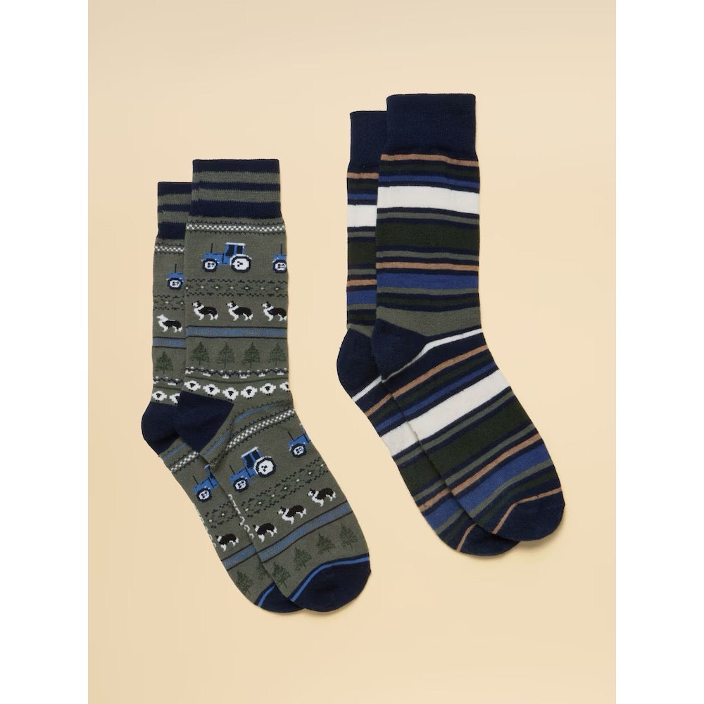 Joules Mens Kingsbry 2 Pack Socks G13-690 Khaki Fairisle Clothing ONE SIZE / Khaki
