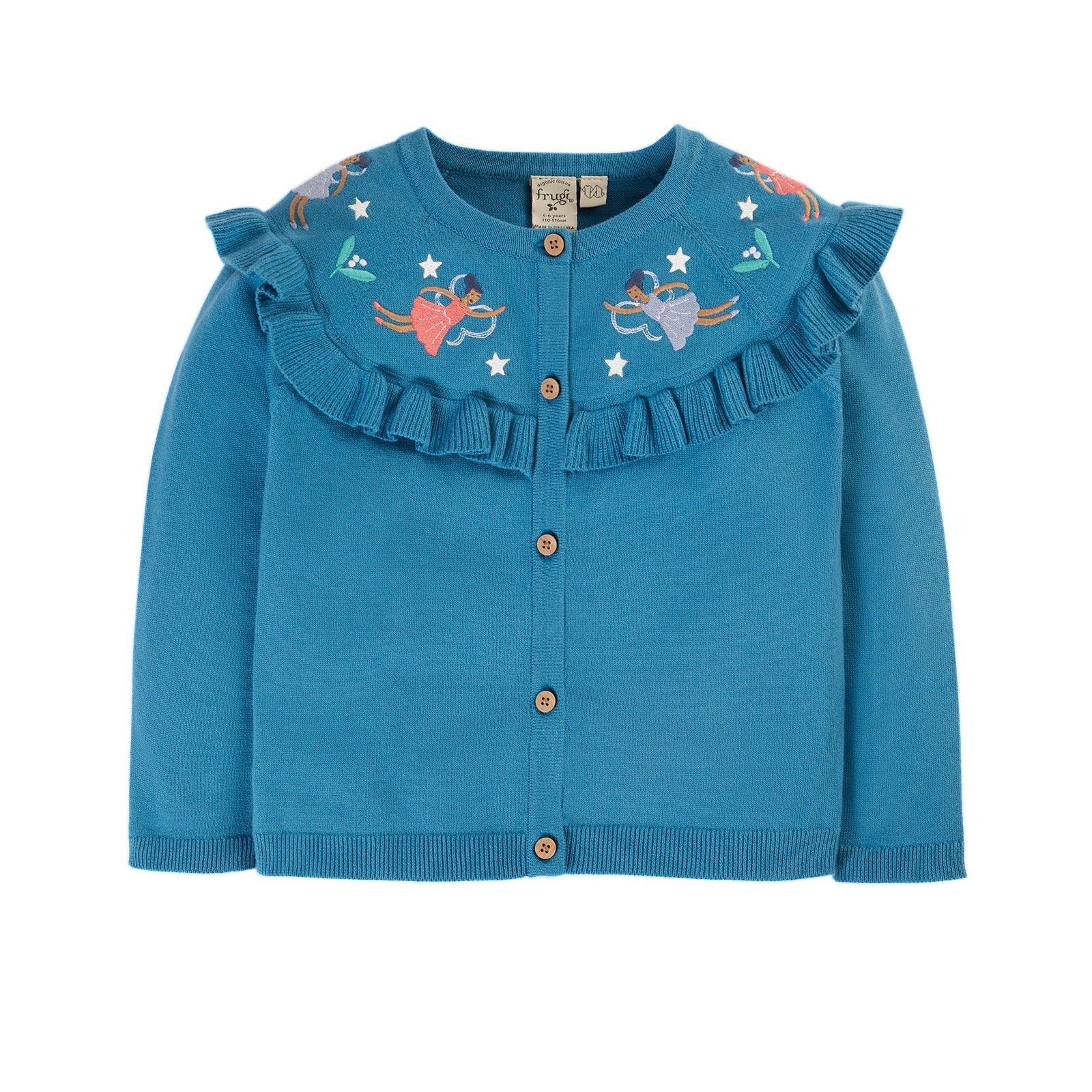 Frugi Romi Ruffle Cardigan Deep Water Fairies Clothing 2-3YRS / Blue,3-4YRS / Blue,4-5YRS / Blue,5-6YRS / Blue,6-7YRS / Blue