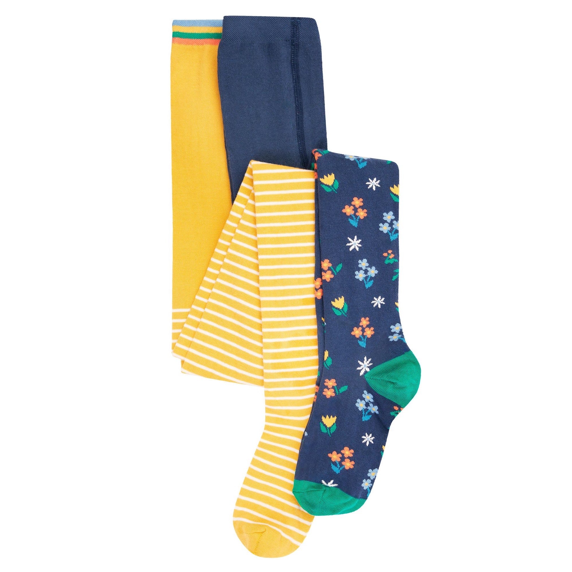 Frugi 2 Pack Tights Yellow Stripe Blue Floral Clothing 2-4YRS / Multi,4-6YRS / Multi,6-8YRS / Multi,8-10YRS / Multi