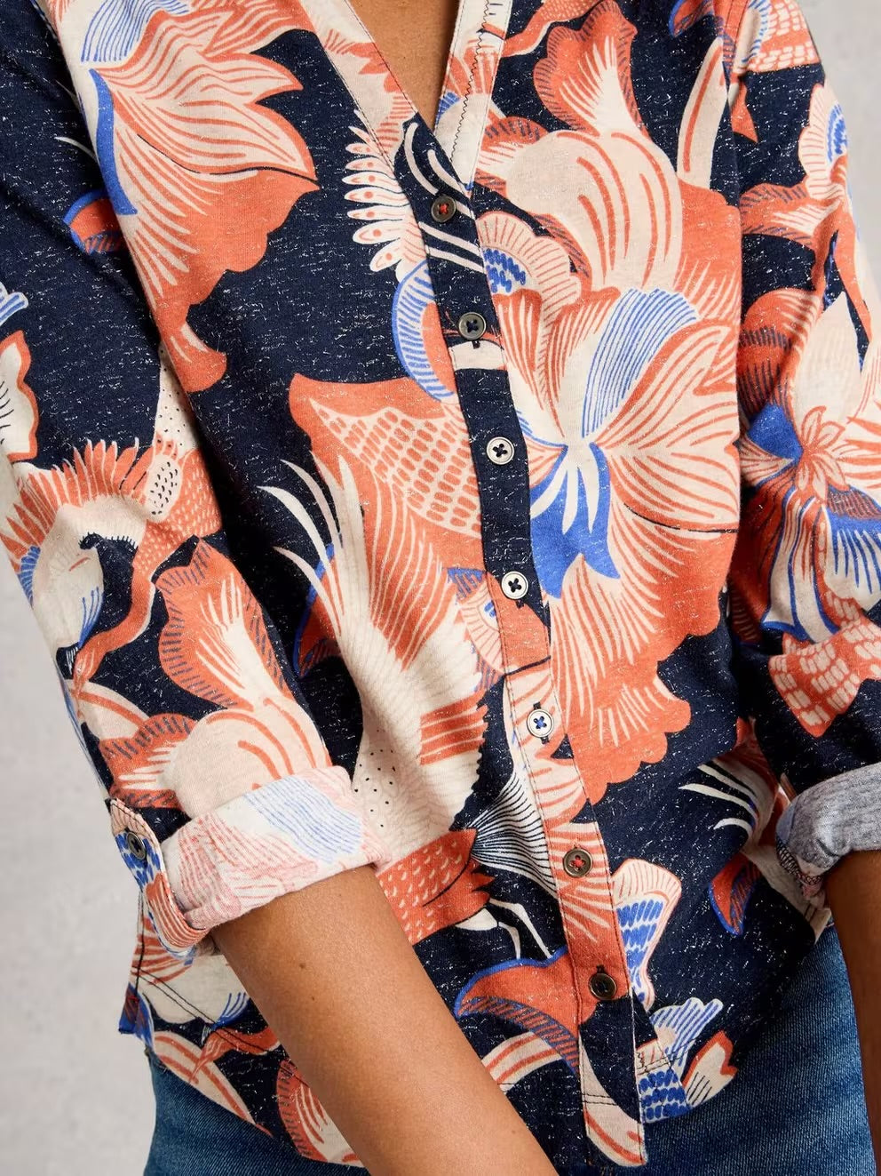 White Stuff Womens Annie Sparkle Jersey Shirt 444663 Navy Coral Print Clothing UK8 / Navy,UK10 / Navy,UK12 / Navy,UK14 / Navy,UK16 / Navy,UK18 / Navy