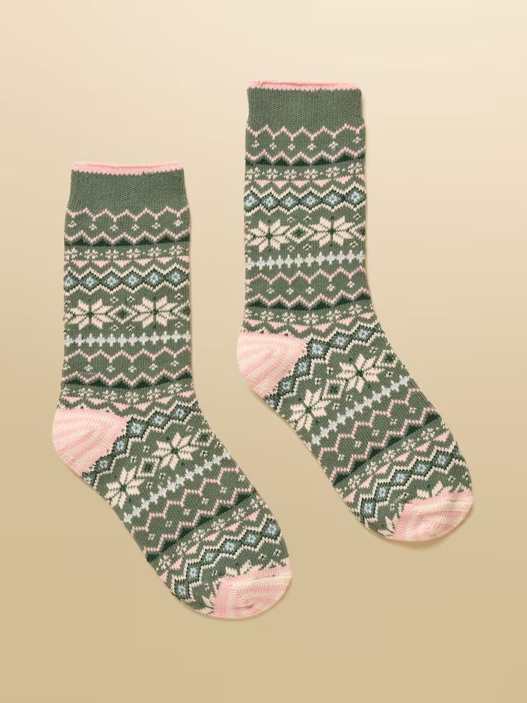 Joules Women Lucille Green Pink Fairisle Socks At6928 Clothing ONE SIZE / Green