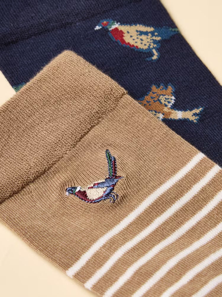 Joules Mens Kingsbury 2 Pack Socks At6851 Navy Tan Bird Clothing ONE SIZE / Multi