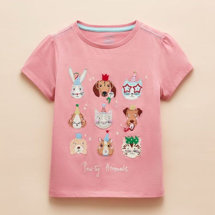 Joules Girls Astra T-Shirt E59021 Party Faces Clothing 2YRS / Pink,3YRS / Pink,4YRS / Pink,5YRS / Pink,6YRS / Pink