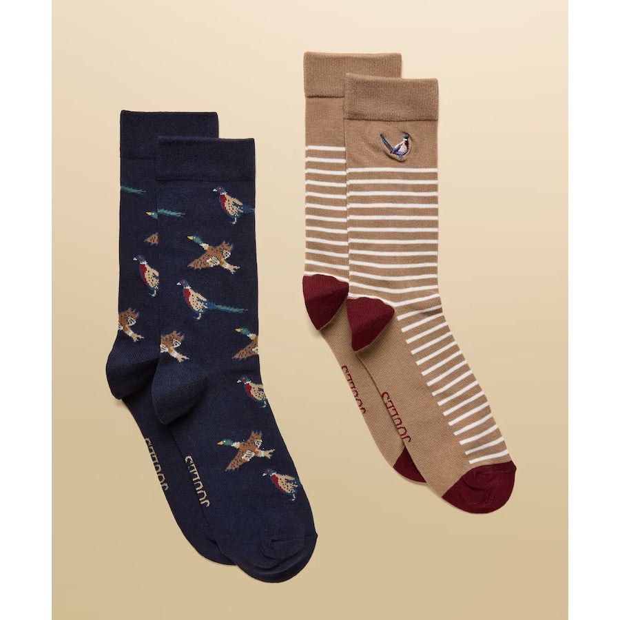 Joules Mens Kingsbury 2 Pack Socks At6851 Navy Tan Bird Clothing ONE SIZE / Multi