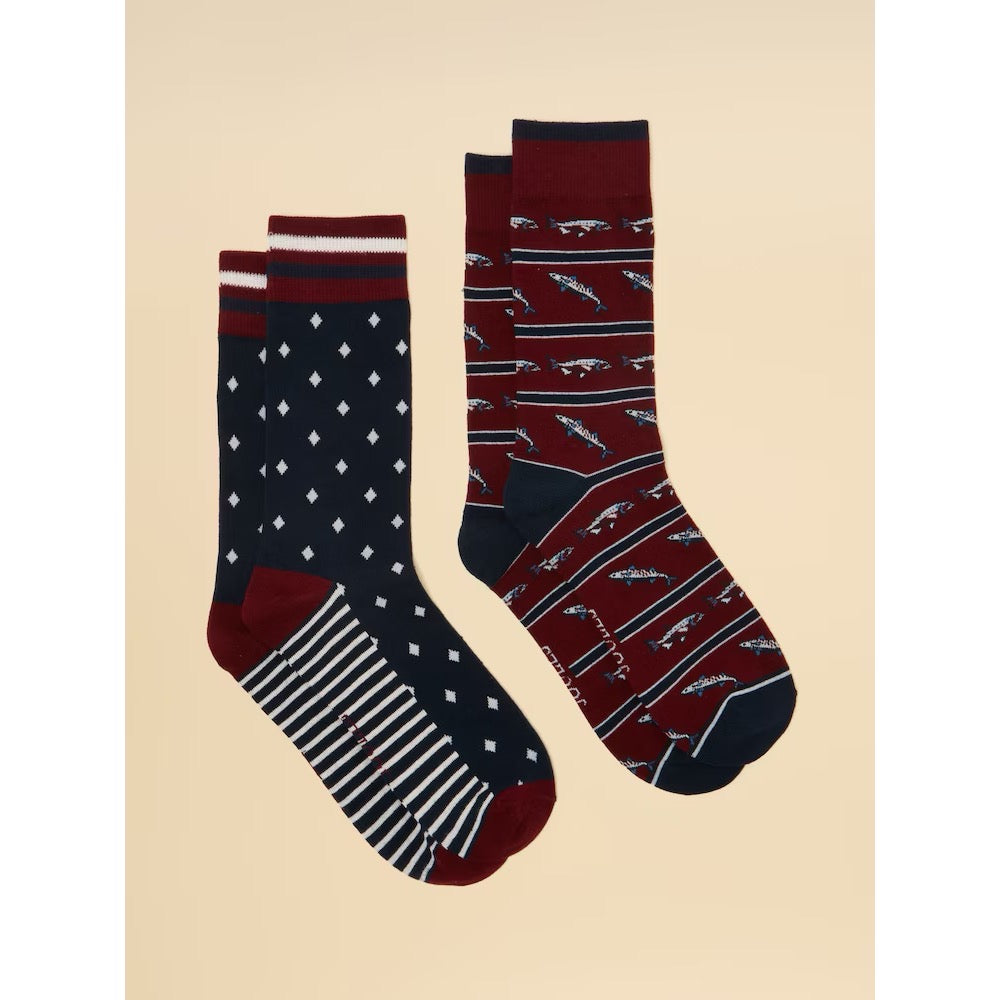 Joules Mens Kingsbury 2 Pack Socks Y42-504 Burgundy Fish Clothing ONE SIZE / Burgundy