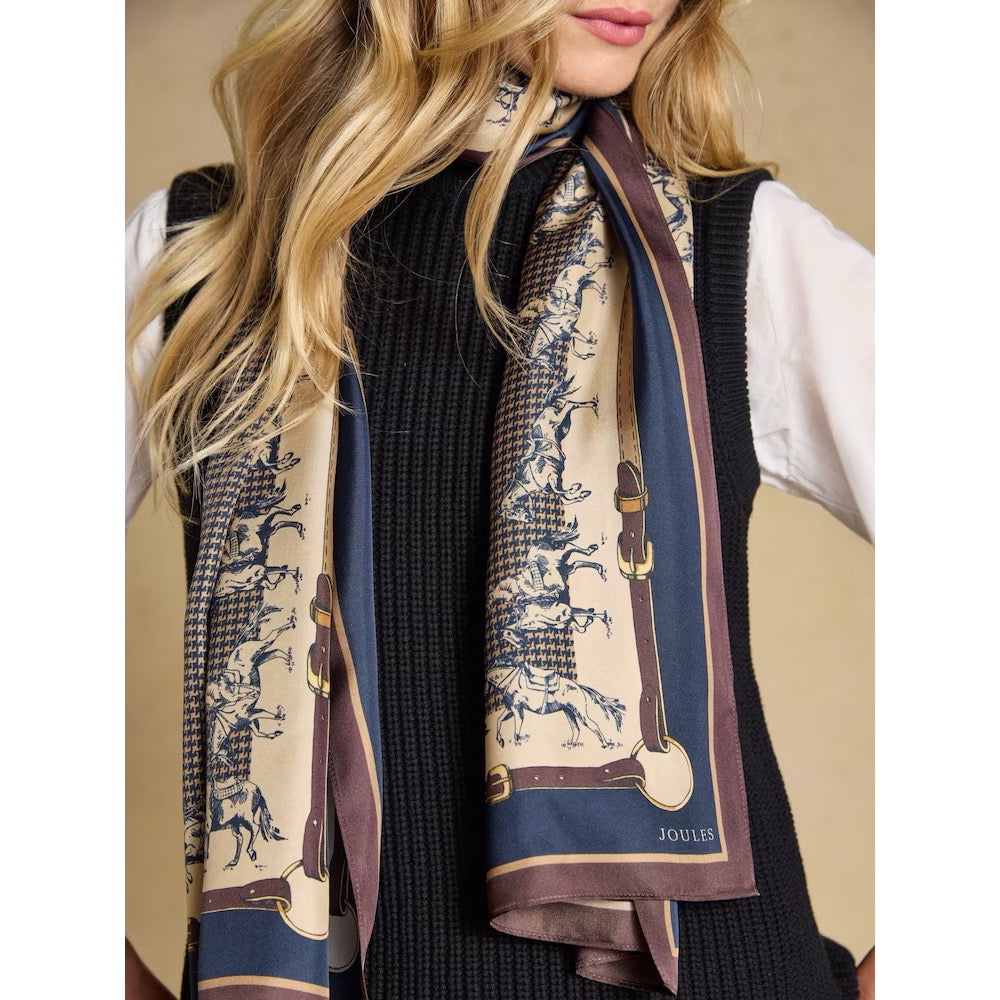Joules Womens Windsor Silk Scarf  Y31-165 Navy Beige Equestrian