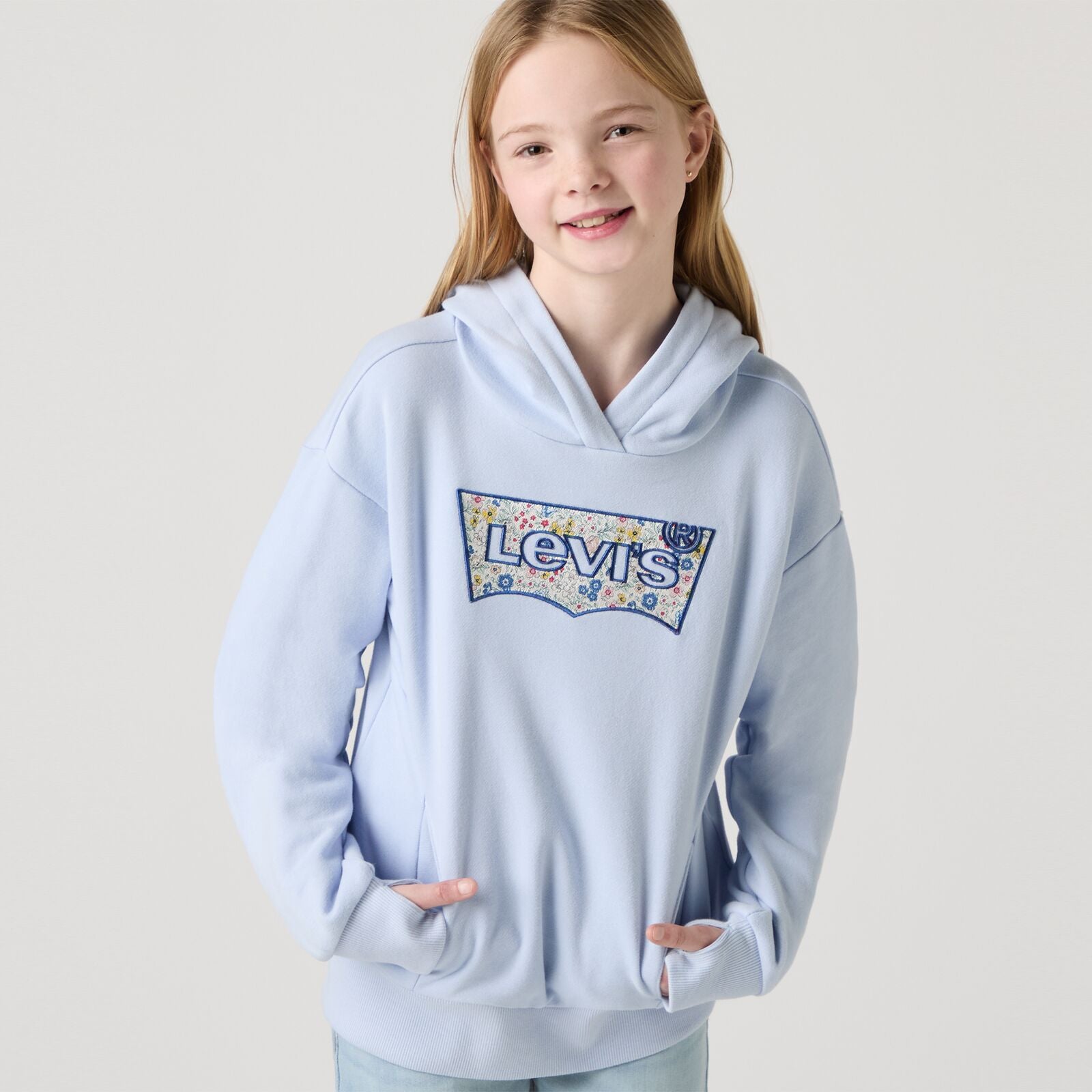 Levis Girls Floral Batwing Hoodie 4Em244-B0g Clothing 10YRS / Pale Blue,12YRS / Pale Blue,14YRS / Pale Blue,16YRS / Pale Blue