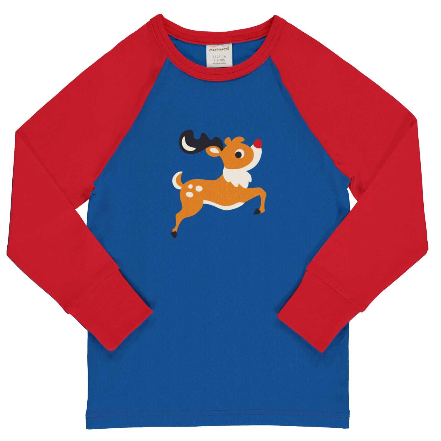 Maxomorra Reindeer Ls Raglan Top Aw24 Clothing 2-3YRS / Blue,3-4YRS / Blue,4-5YRS / Blue,5-6YRS / Blue,7-8YRS / Blue