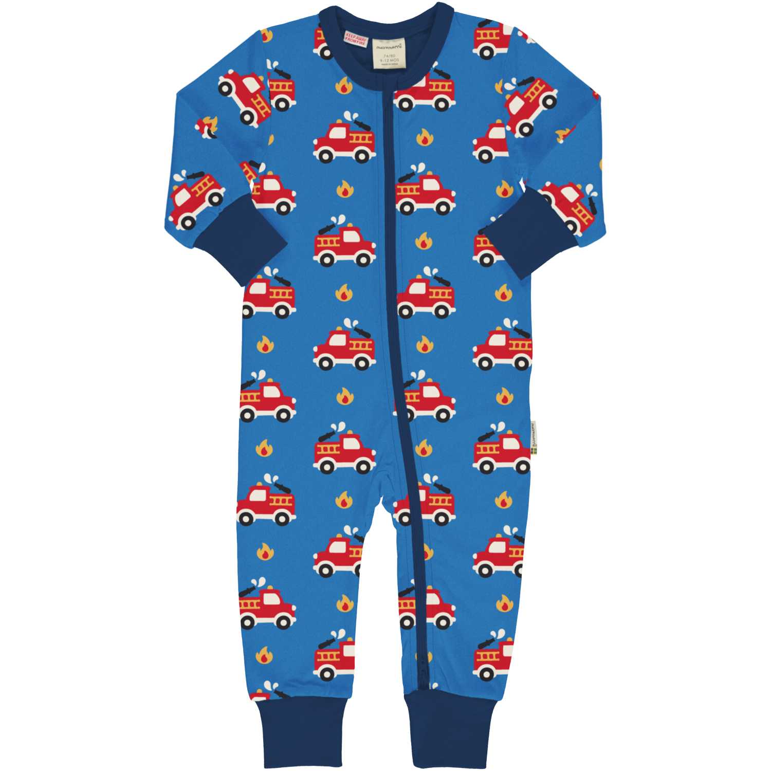 Maxomorra Fire Trucks Ls Rompersuit Aw24 Clothing 0-3M / Blue,3-6M / Blue,9-12M / Blue,18-24M / Blue