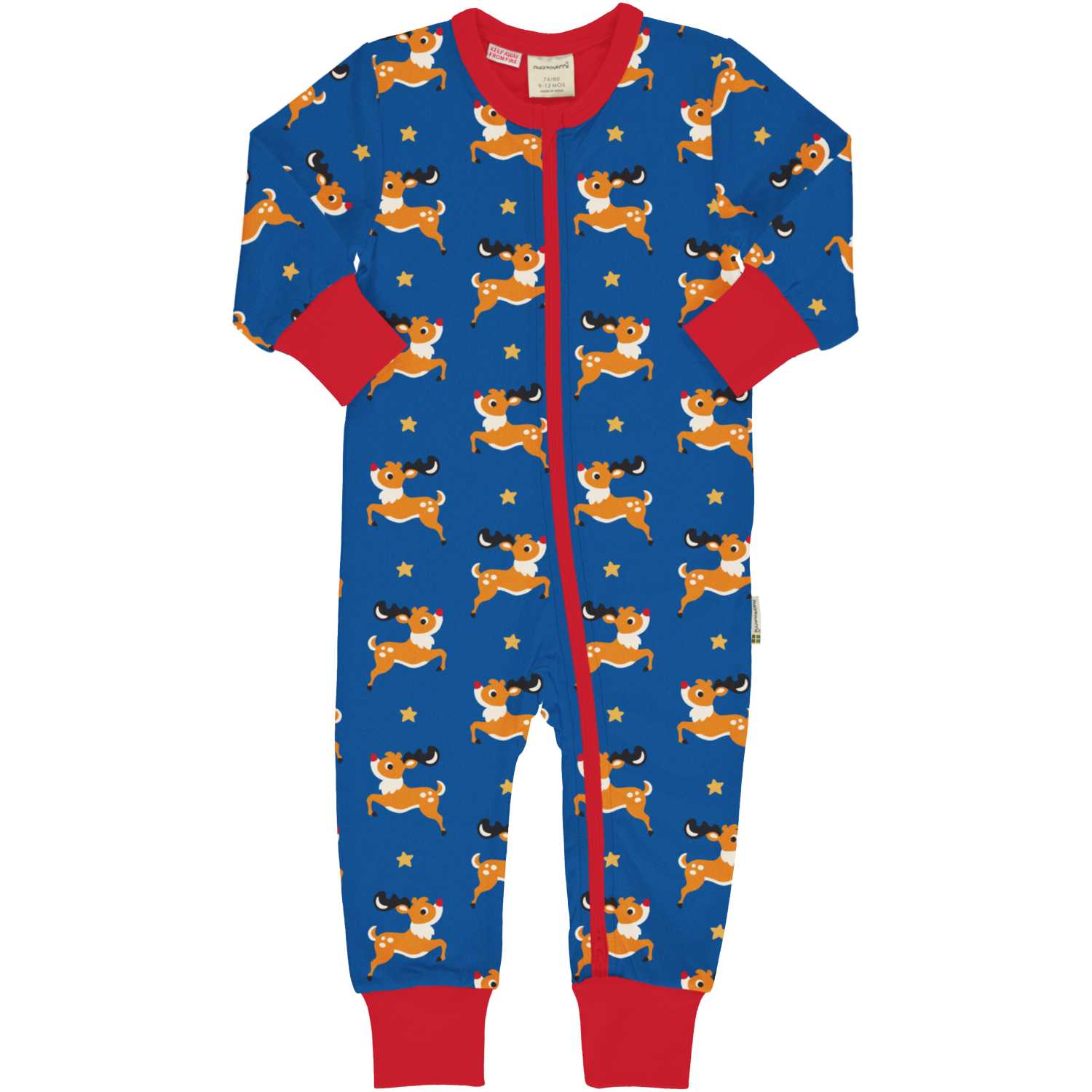 Maxomorra Reindeer Ls Rompersuit Aw24 Clothing 0-3M / Blue,3-6M / Blue,9-12M / Blue,18-24M / Blue