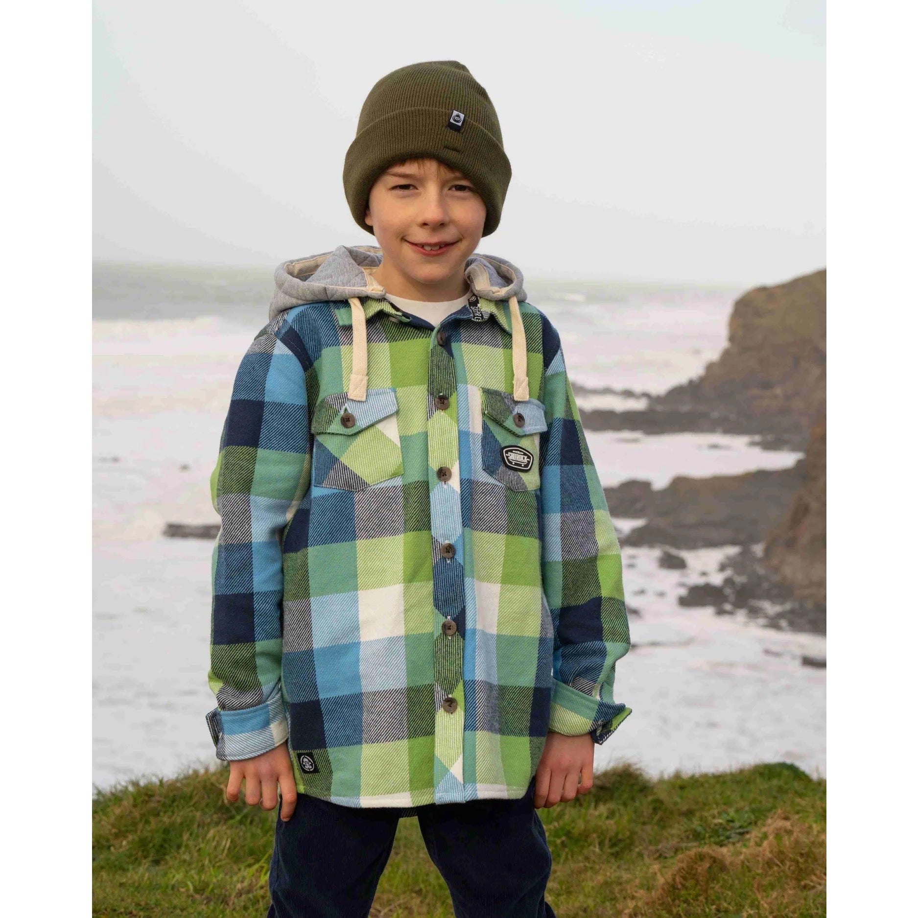 Saltrock Boys Hawkins Hooded Shirt Blue Green Check Clothing 9/10YRS / Green,11/12YRS / Green,13YRS / Green