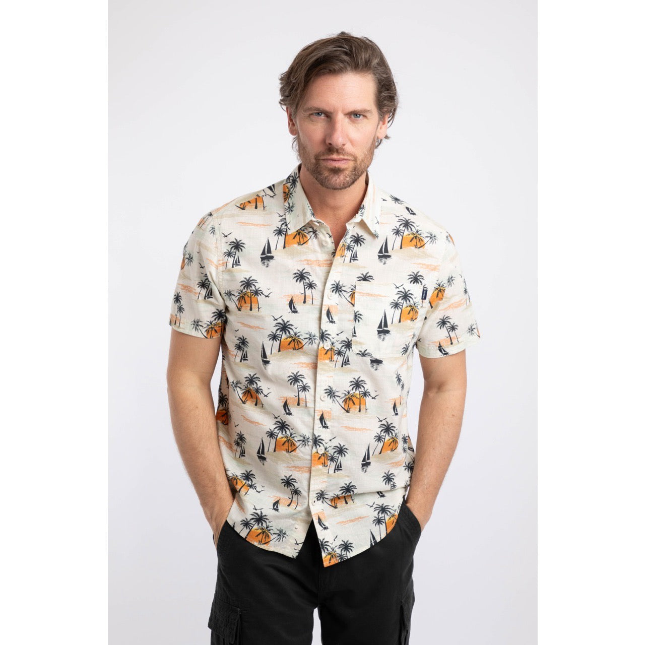 Weirdfish Mens Faraway Shirt 204025 Cream Palms