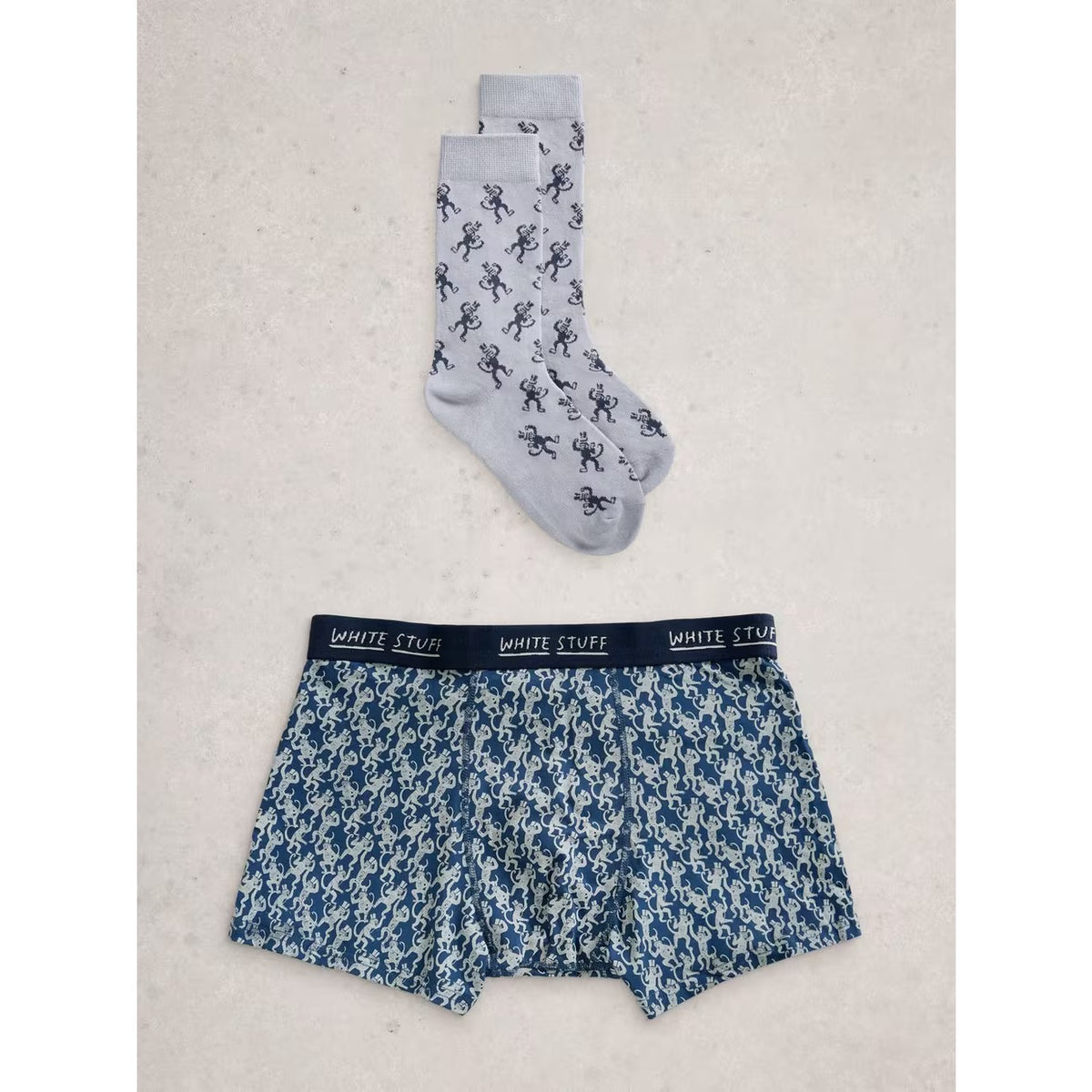 White Stuff Mens Boxer Shorts And Socks Set Blue Light Olive Monkey Clothing S / Blue,M / Blue,L / Blue,XL / Blue