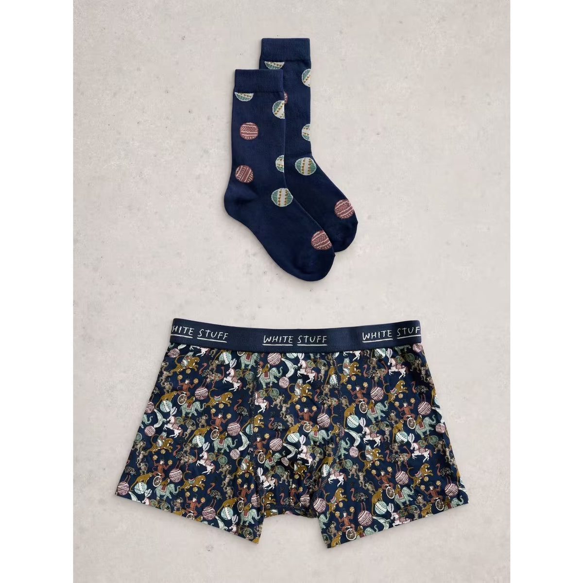 White Stuff Mens Boxer Shorts And Socks Set Dark Navy Brown Monkey Clothing S / Navy,M / Navy,L / Navy,XL / Navy