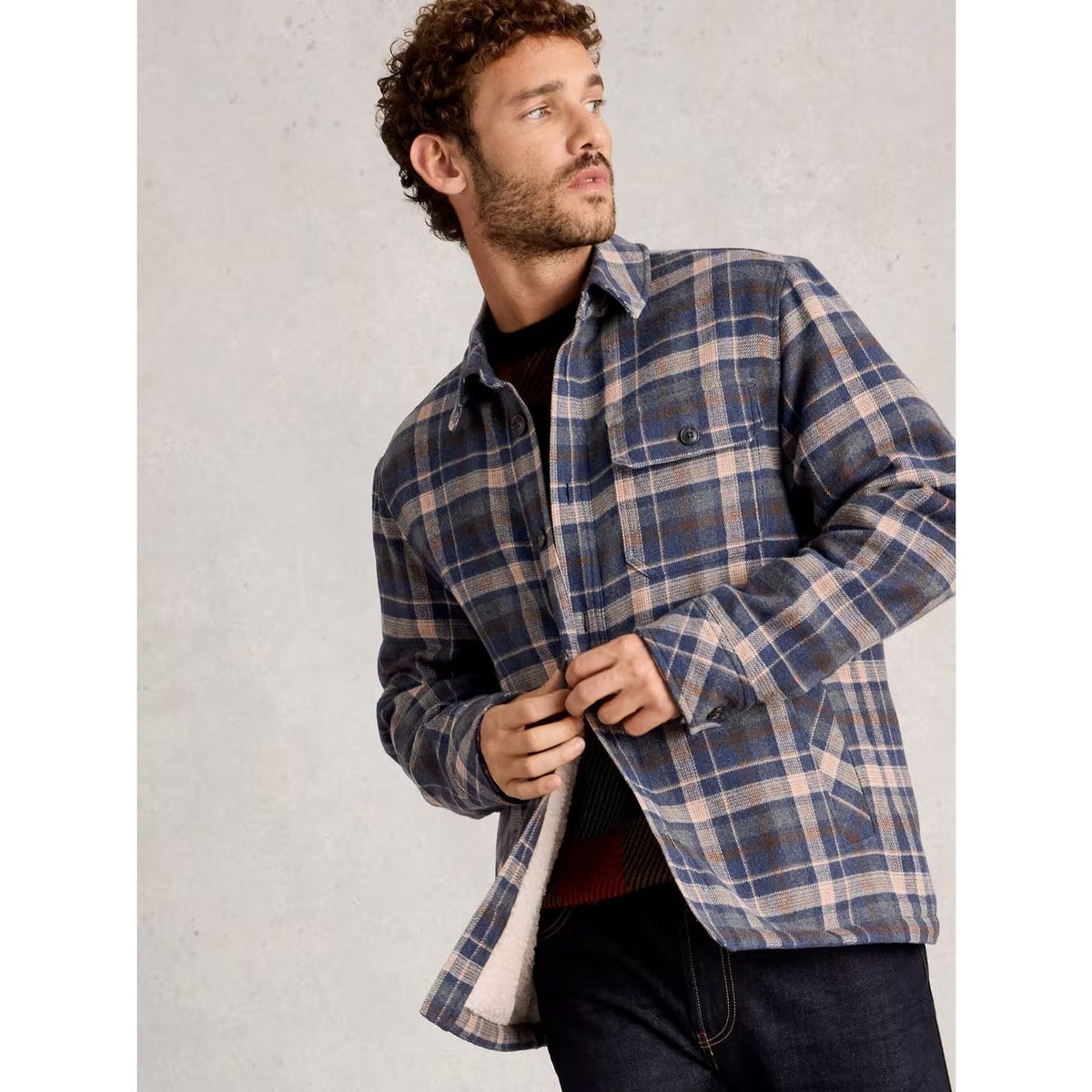 White Stuff Mens Check Borg Trucker Shacket 444576 Blue Clothing M / Blue,L / Blue,XL / Blue,XXL / Blue