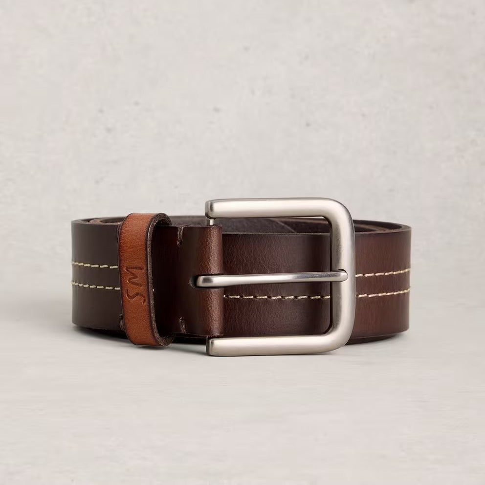 White Stuff Mens Double Stitch Leather Belt 445106 Dark Brown Accessories S-M / Brown,M-L / Brown
